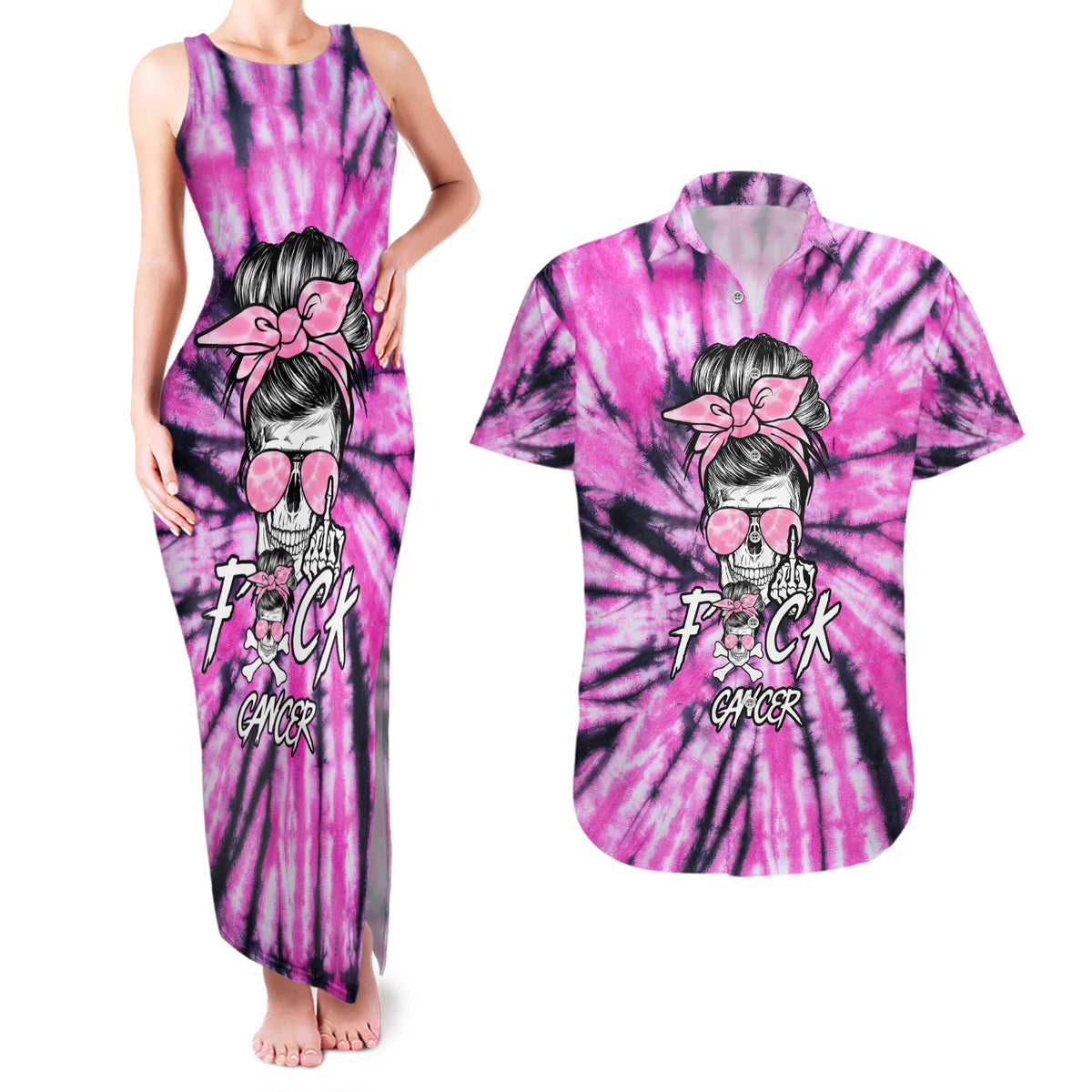 Fcks Cancer Skull Tie Dye Couples Matching Tank Maxi Dress and Hawaiian Shirt - Wonder Print Shop