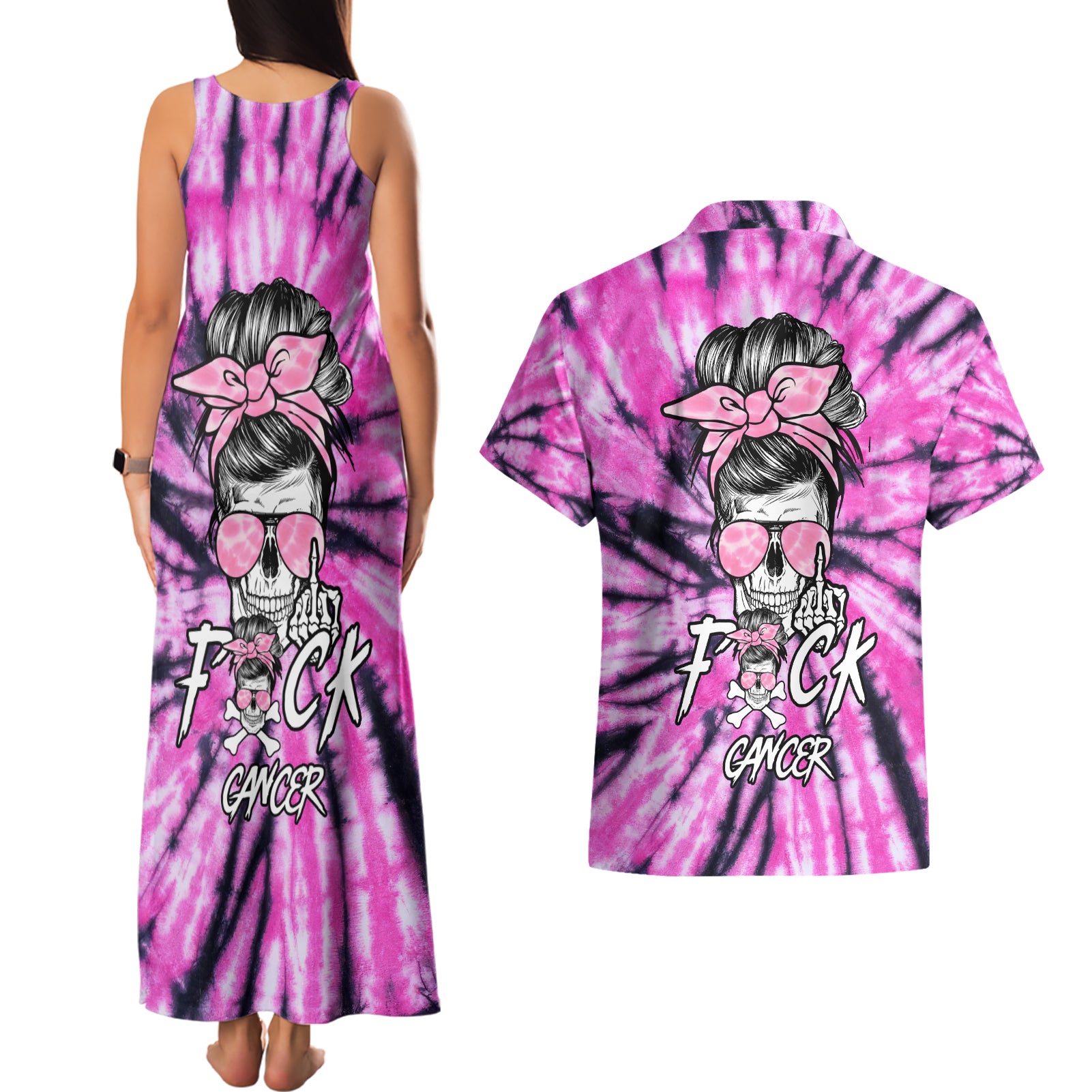 Fcks Cancer Skull Tie Dye Couples Matching Tank Maxi Dress and Hawaiian Shirt - Wonder Print Shop