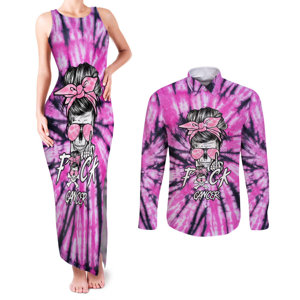 Fcks Cancer Skull Tie Dye Couples Matching Tank Maxi Dress and Long Sleeve Button Shirt - Wonder Print Shop