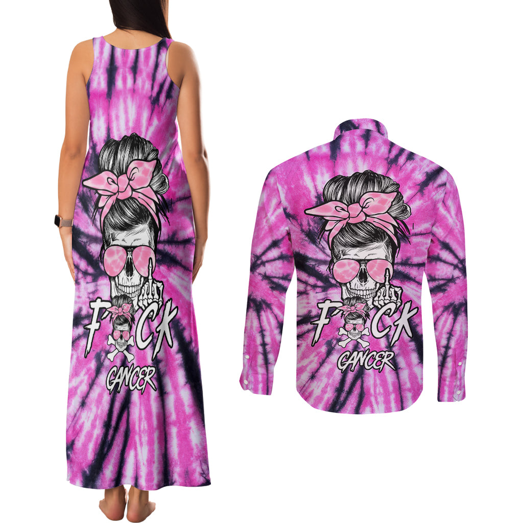 Fcks Cancer Skull Tie Dye Couples Matching Tank Maxi Dress and Long Sleeve Button Shirt - Wonder Print Shop