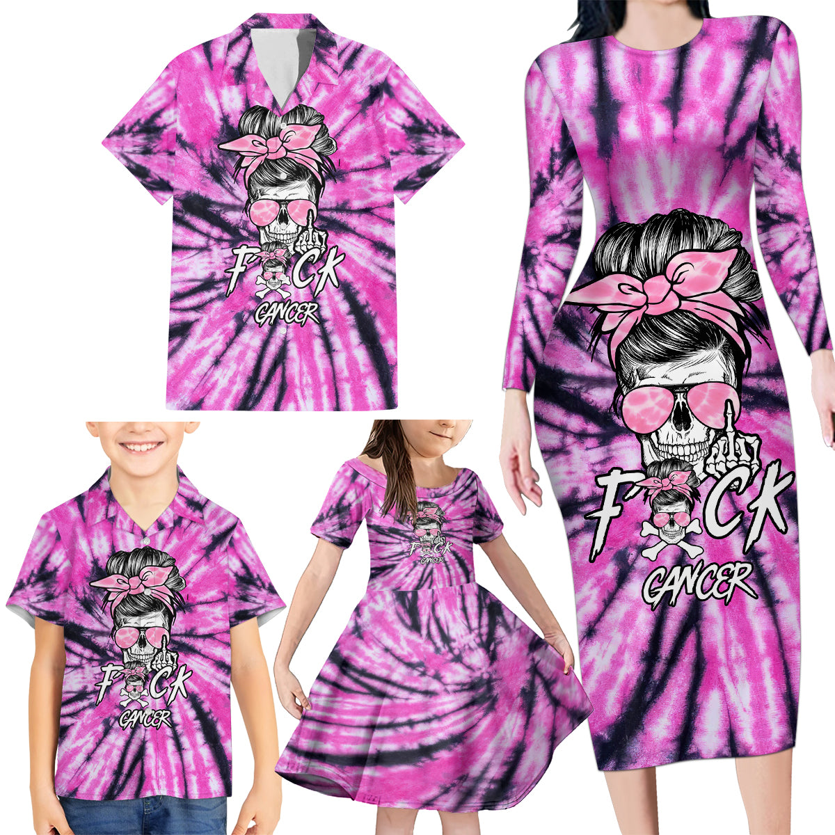 Fcks Cancer Skull Tie Dye Family Matching Long Sleeve Bodycon Dress and Hawaiian Shirt - Wonder Print Shop
