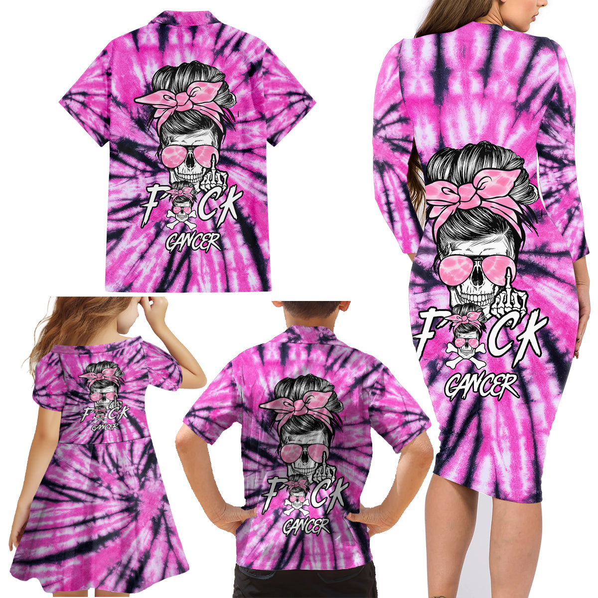 Fcks Cancer Skull Tie Dye Family Matching Long Sleeve Bodycon Dress and Hawaiian Shirt - Wonder Print Shop