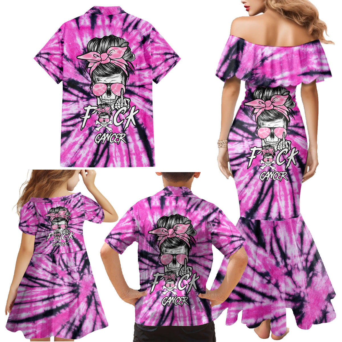 Fcks Cancer Skull Tie Dye Family Matching Mermaid Dress and Hawaiian Shirt - Wonder Print Shop
