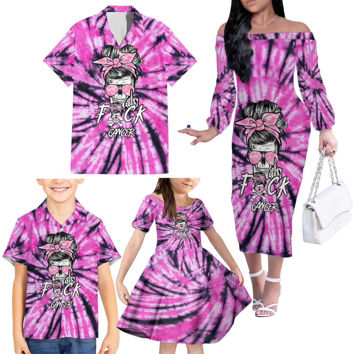 Fcks Cancer Skull Tie Dye Family Matching Off Shoulder Long Sleeve Dress and Hawaiian Shirt - Wonder Print Shop