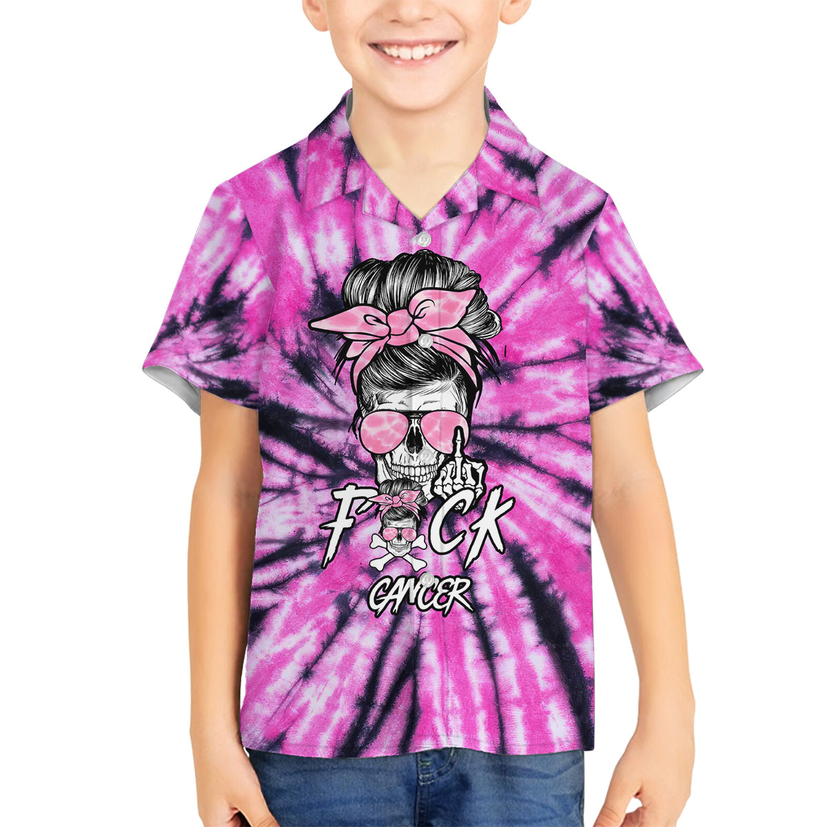 Fcks Cancer Skull Tie Dye Family Matching Off Shoulder Long Sleeve Dress and Hawaiian Shirt - Wonder Print Shop