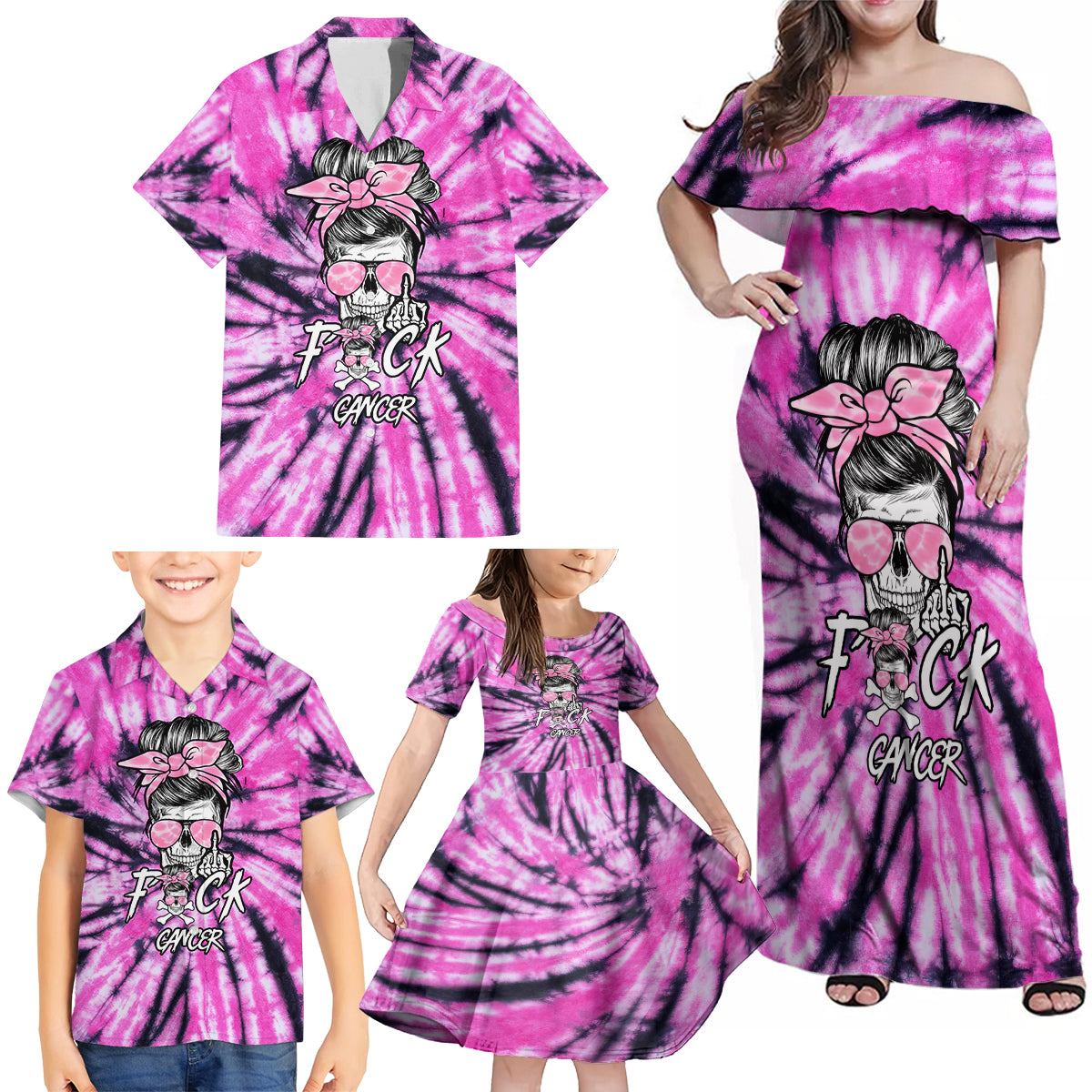 Fcks Cancer Skull Tie Dye Family Matching Off Shoulder Maxi Dress and Hawaiian Shirt - Wonder Print Shop