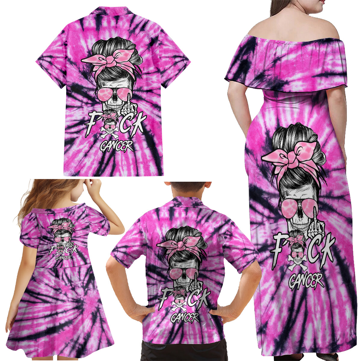 Fcks Cancer Skull Tie Dye Family Matching Off Shoulder Maxi Dress and Hawaiian Shirt - Wonder Print Shop