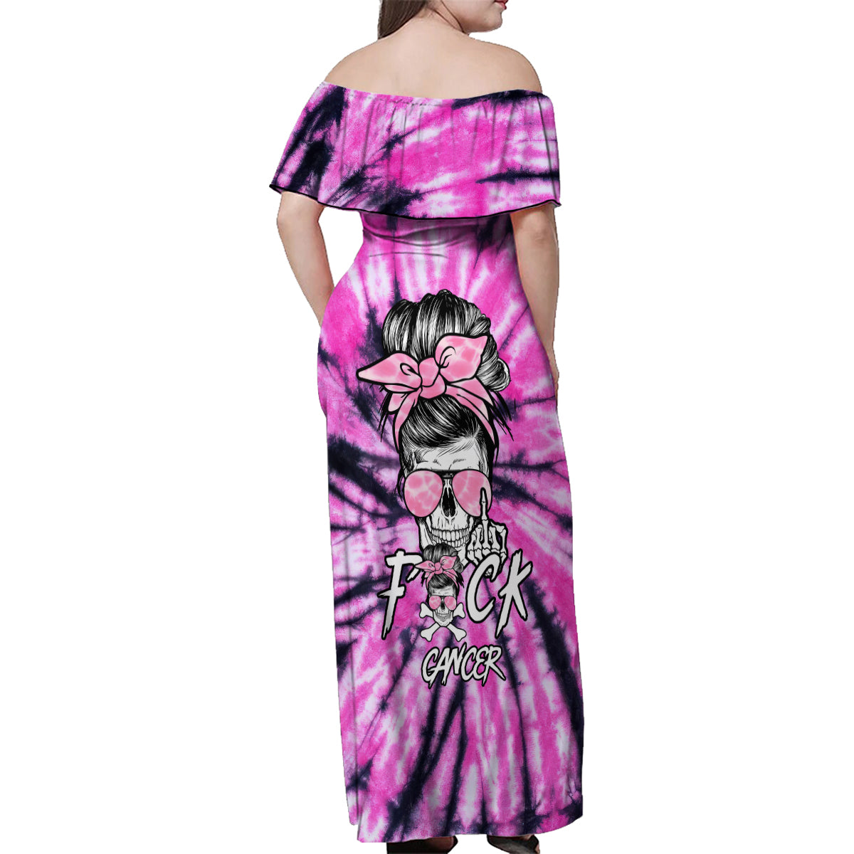 Fcks Cancer Skull Tie Dye Family Matching Off Shoulder Maxi Dress and Hawaiian Shirt - Wonder Print Shop