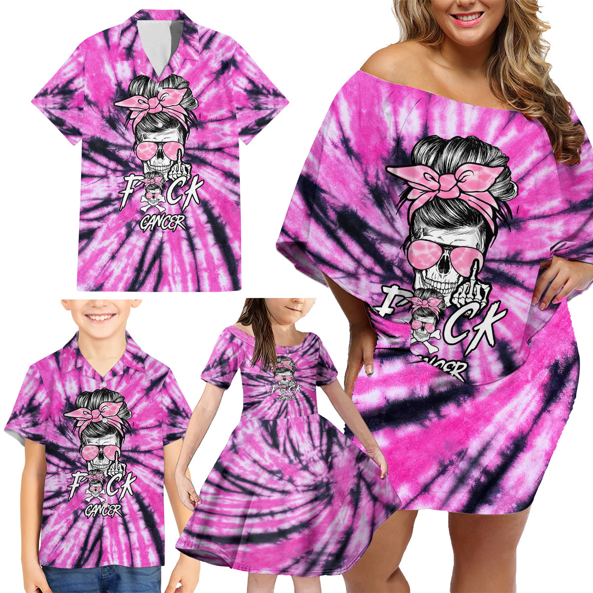 Fcks Cancer Skull Tie Dye Family Matching Off Shoulder Short Dress and Hawaiian Shirt - Wonder Print Shop