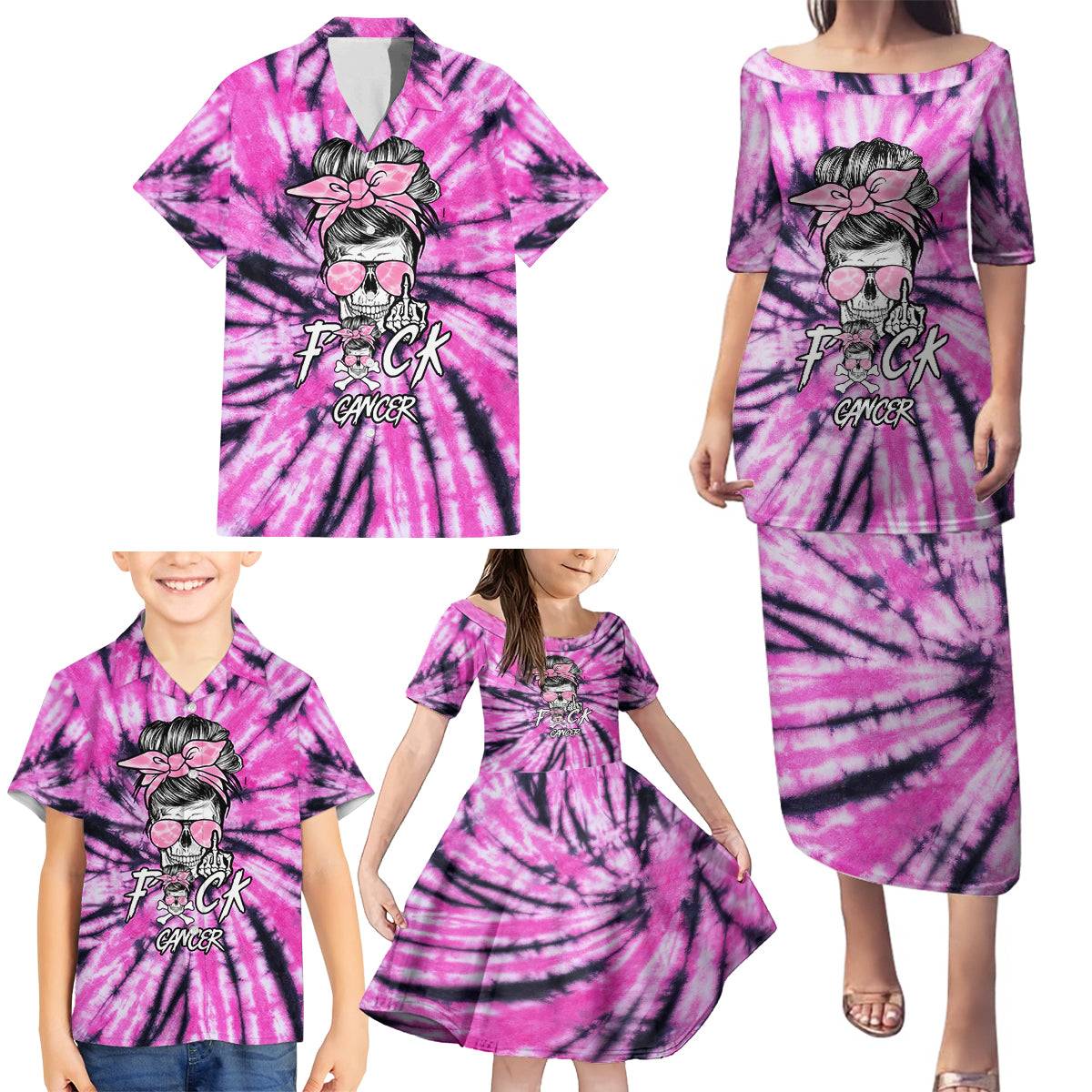 Fcks Cancer Skull Tie Dye Family Matching Puletasi Dress and Hawaiian Shirt - Wonder Print Shop