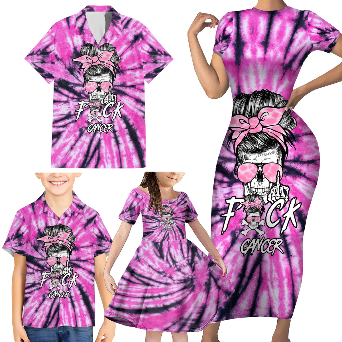 Fcks Cancer Skull Tie Dye Family Matching Short Sleeve Bodycon Dress and Hawaiian Shirt - Wonder Print Shop