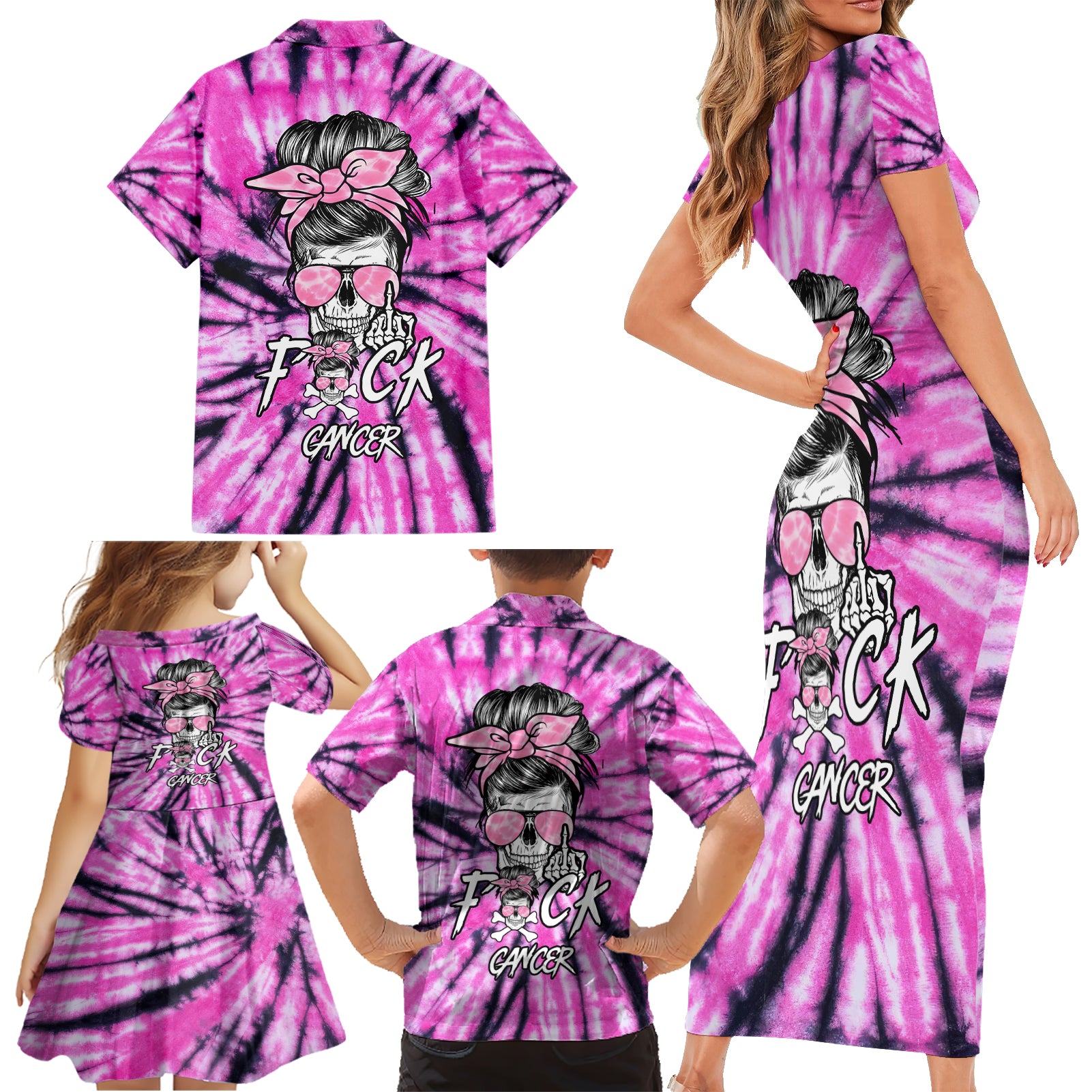 Fcks Cancer Skull Tie Dye Family Matching Short Sleeve Bodycon Dress and Hawaiian Shirt - Wonder Print Shop