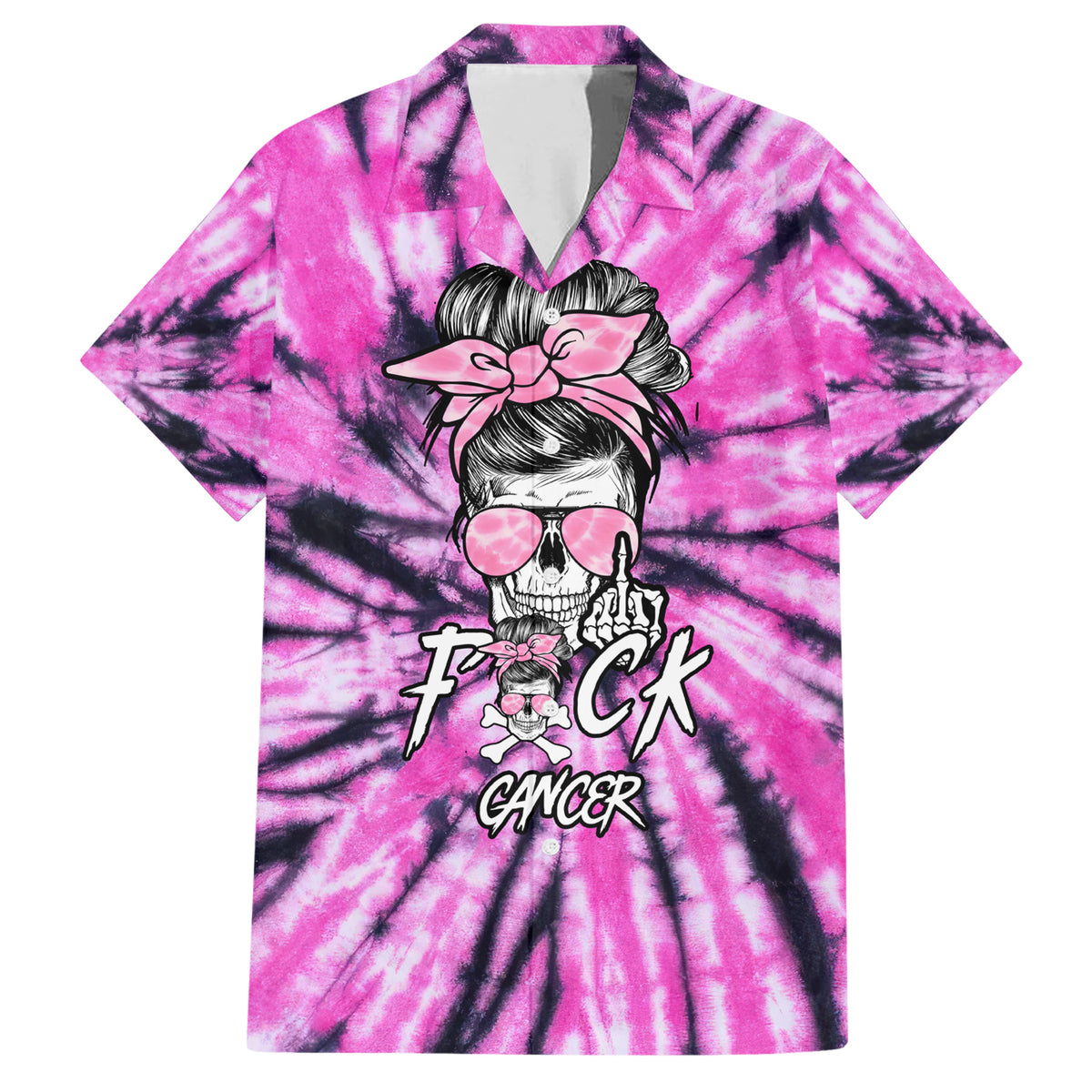 Fcks Cancer Skull Tie Dye Family Matching Short Sleeve Bodycon Dress and Hawaiian Shirt - Wonder Print Shop