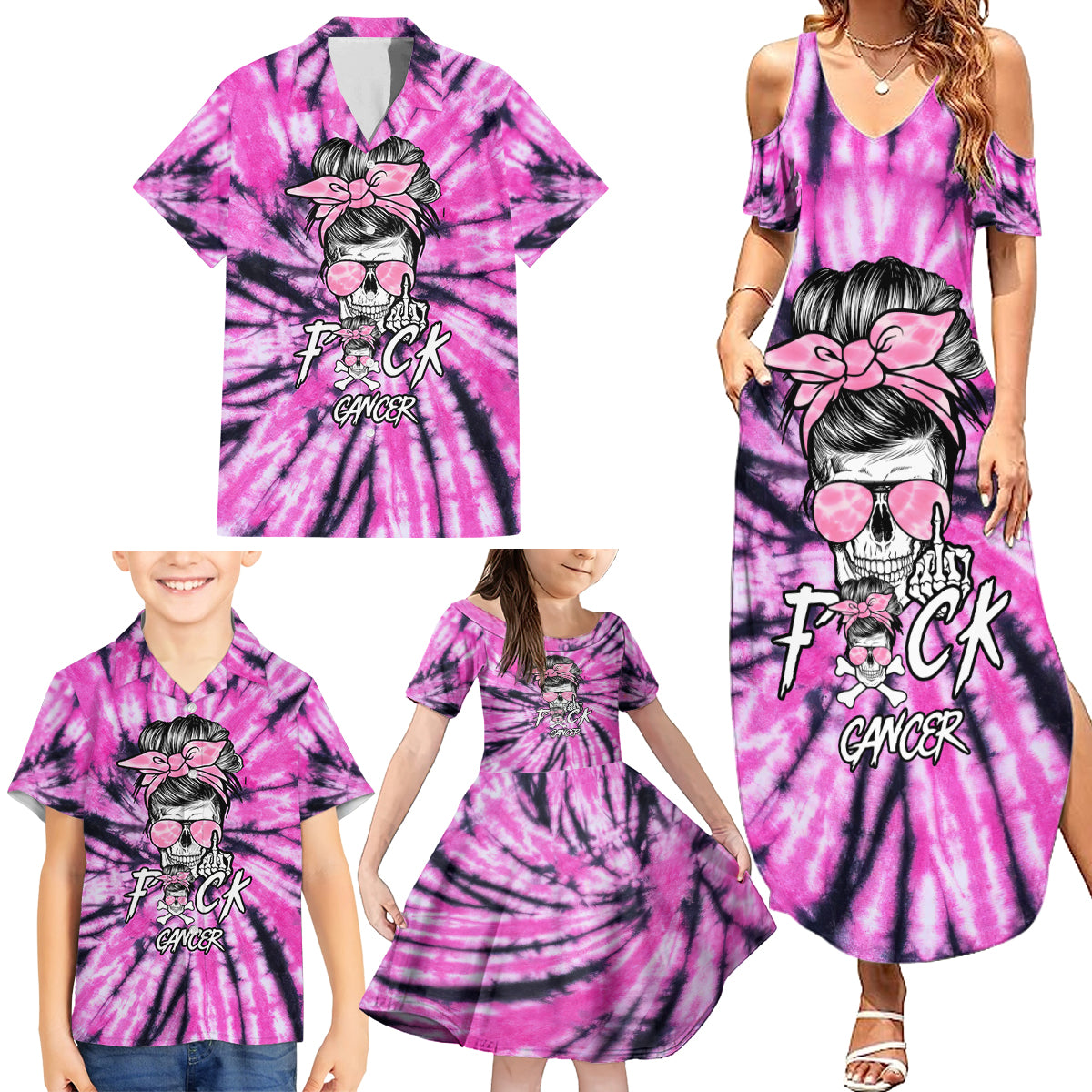 Fcks Cancer Skull Tie Dye Family Matching Summer Maxi Dress and Hawaiian Shirt - Wonder Print Shop