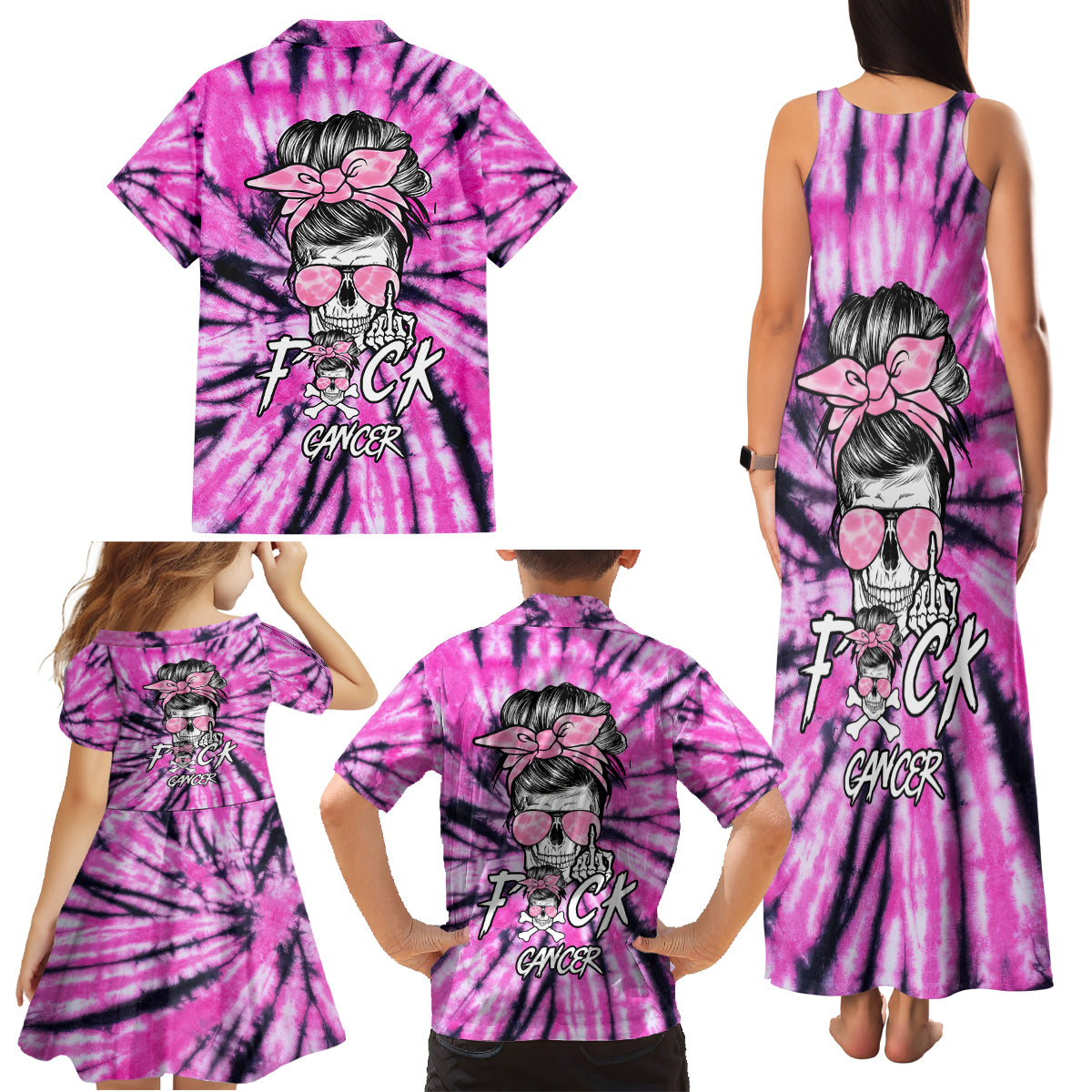 Fcks Cancer Skull Tie Dye Family Matching Tank Maxi Dress and Hawaiian Shirt - Wonder Print Shop