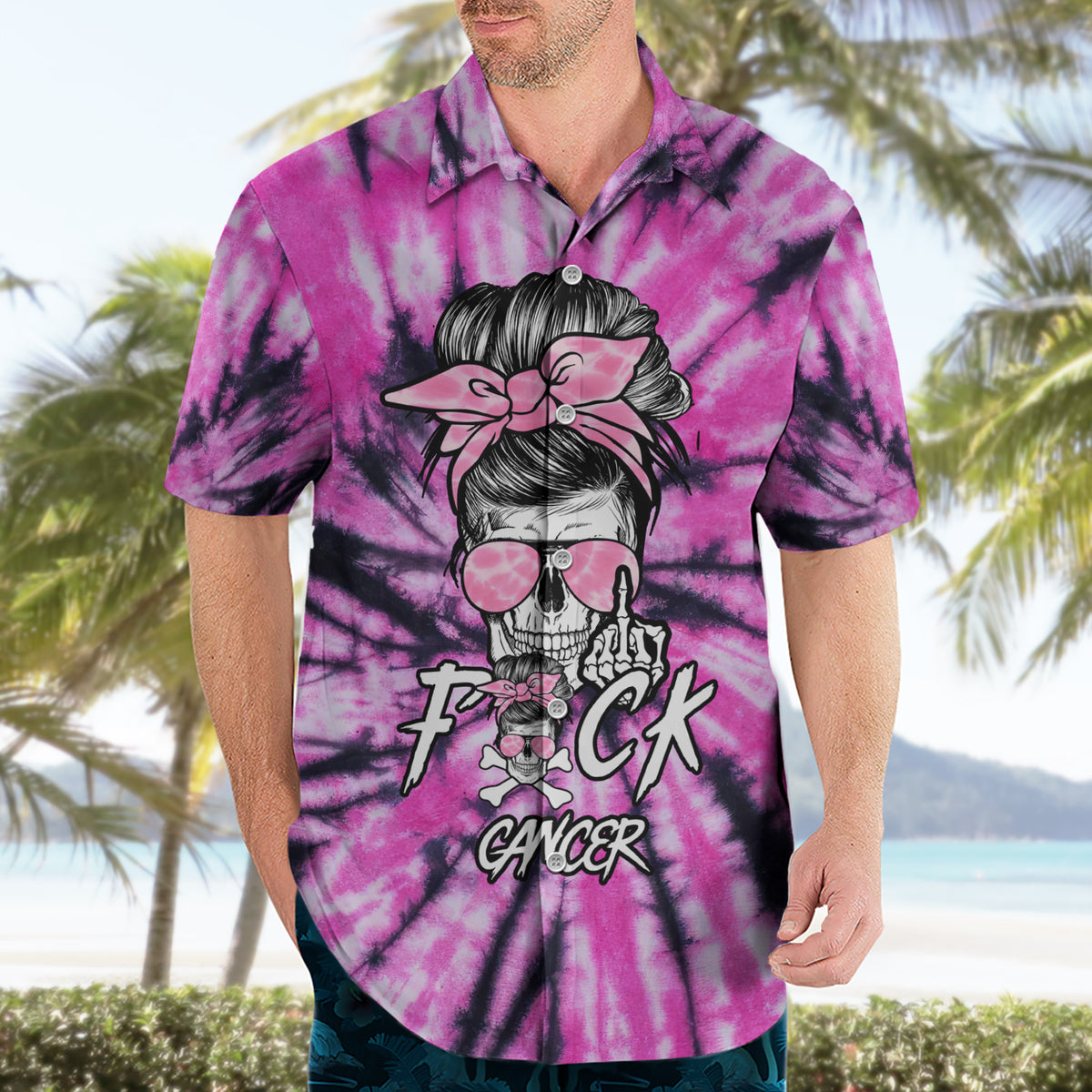 Fcks Cancer Skull Tie Dye Hawaiian Shirt - Wonder Print Shop