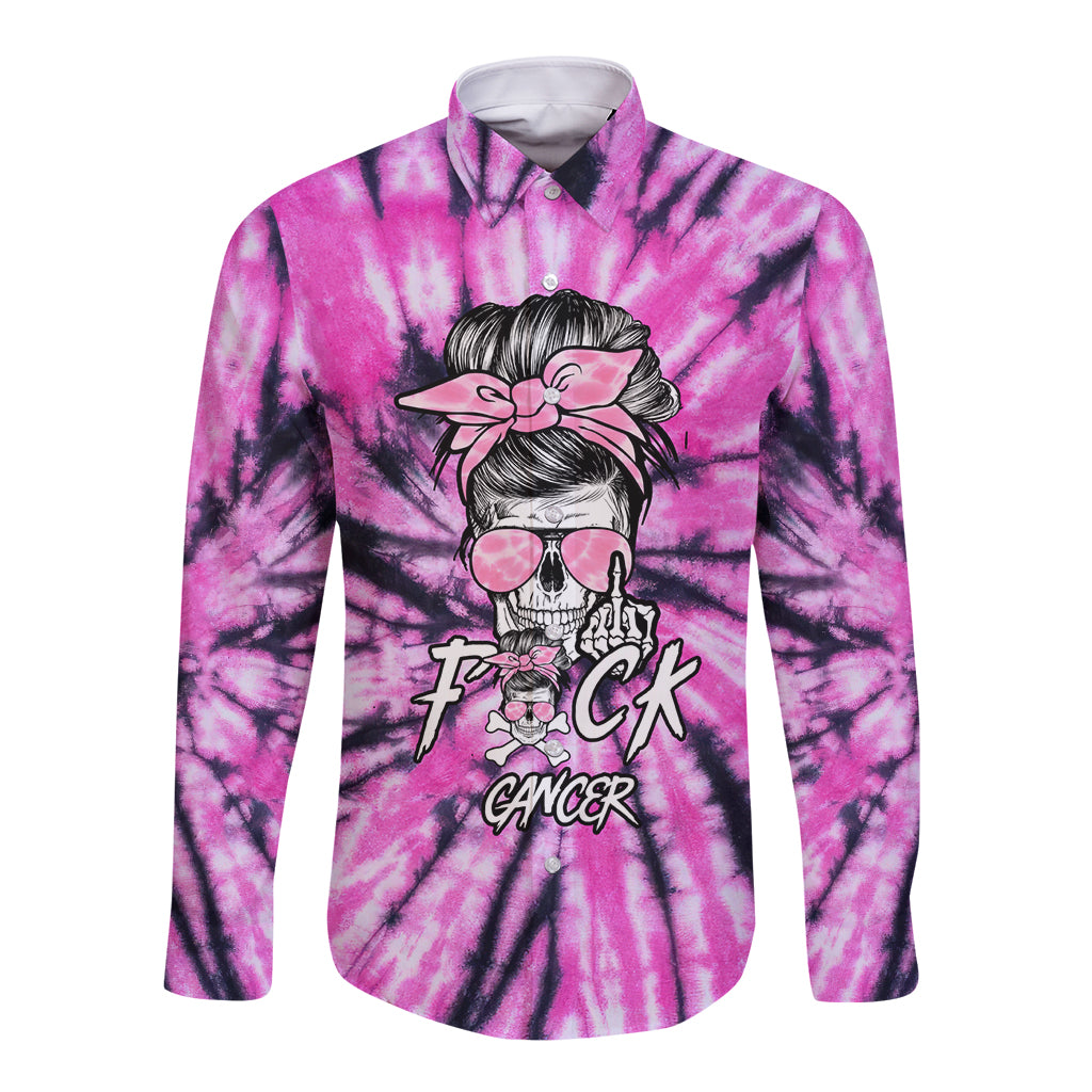Fcks Cancer Skull Tie Dye Long Sleeve Button Shirt - Wonder Print Shop