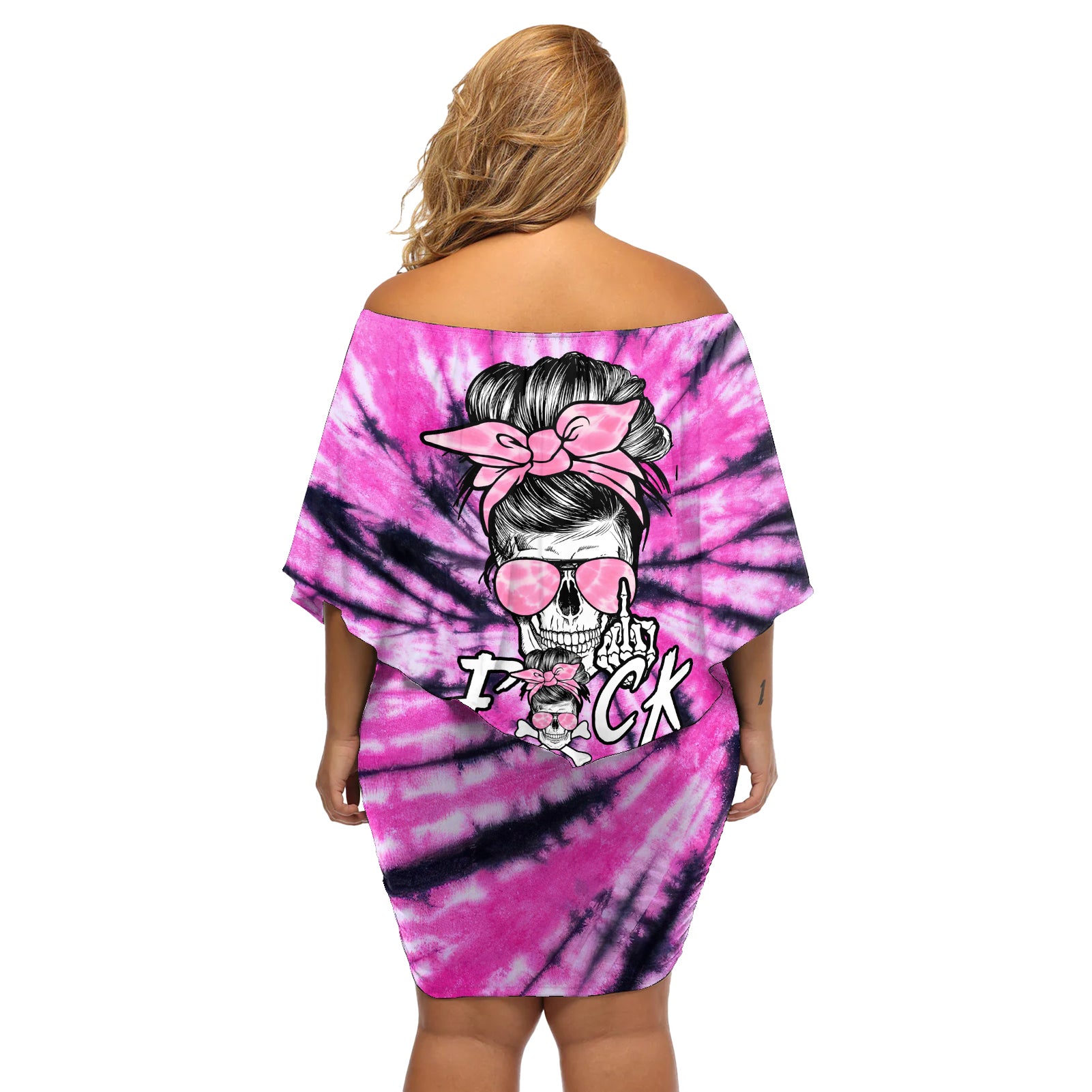 Fcks Cancer Skull Tie Dye Off Shoulder Short Dress - Wonder Print Shop