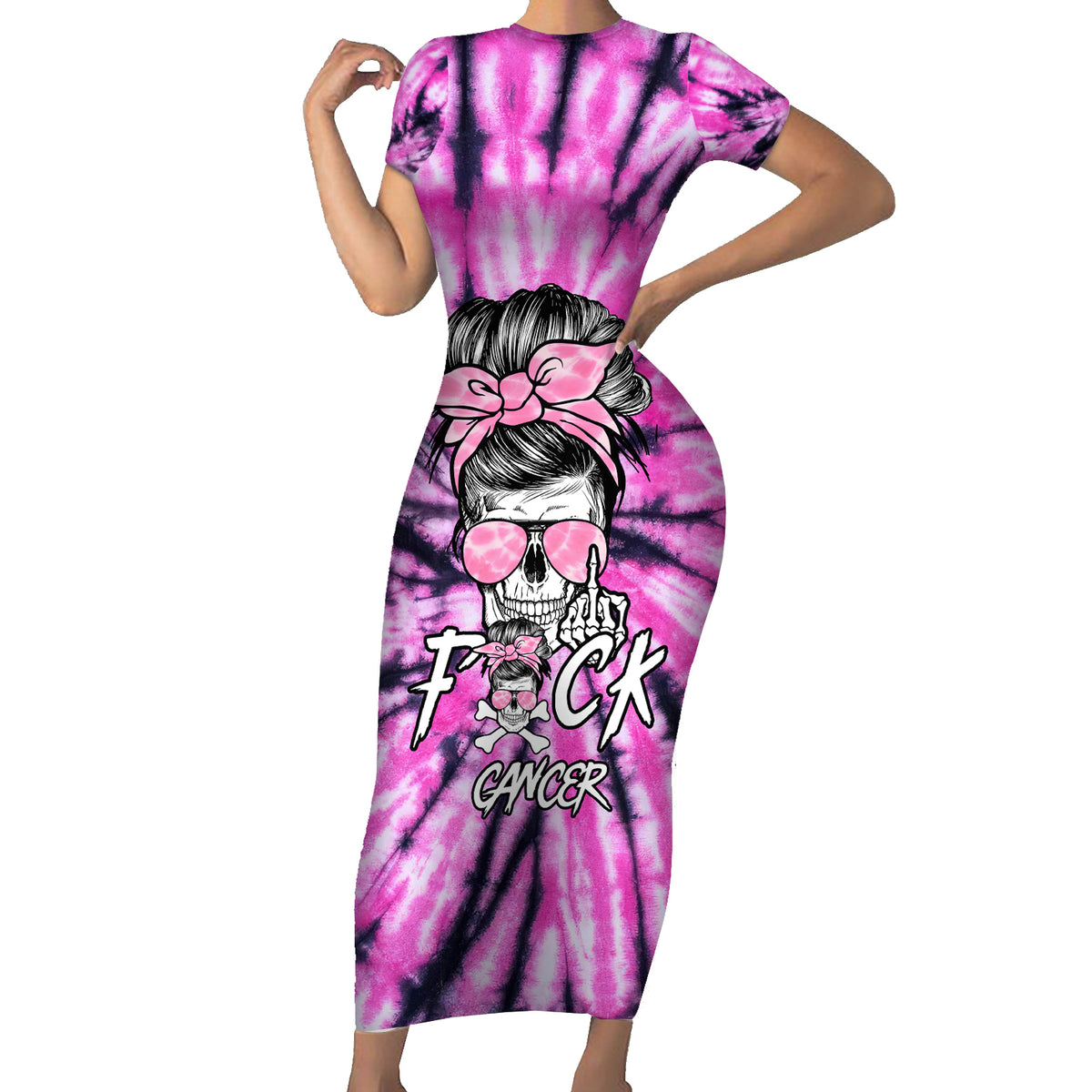 Fcks Cancer Skull Tie Dye Short Sleeve Bodycon Dress - Wonder Print Shop