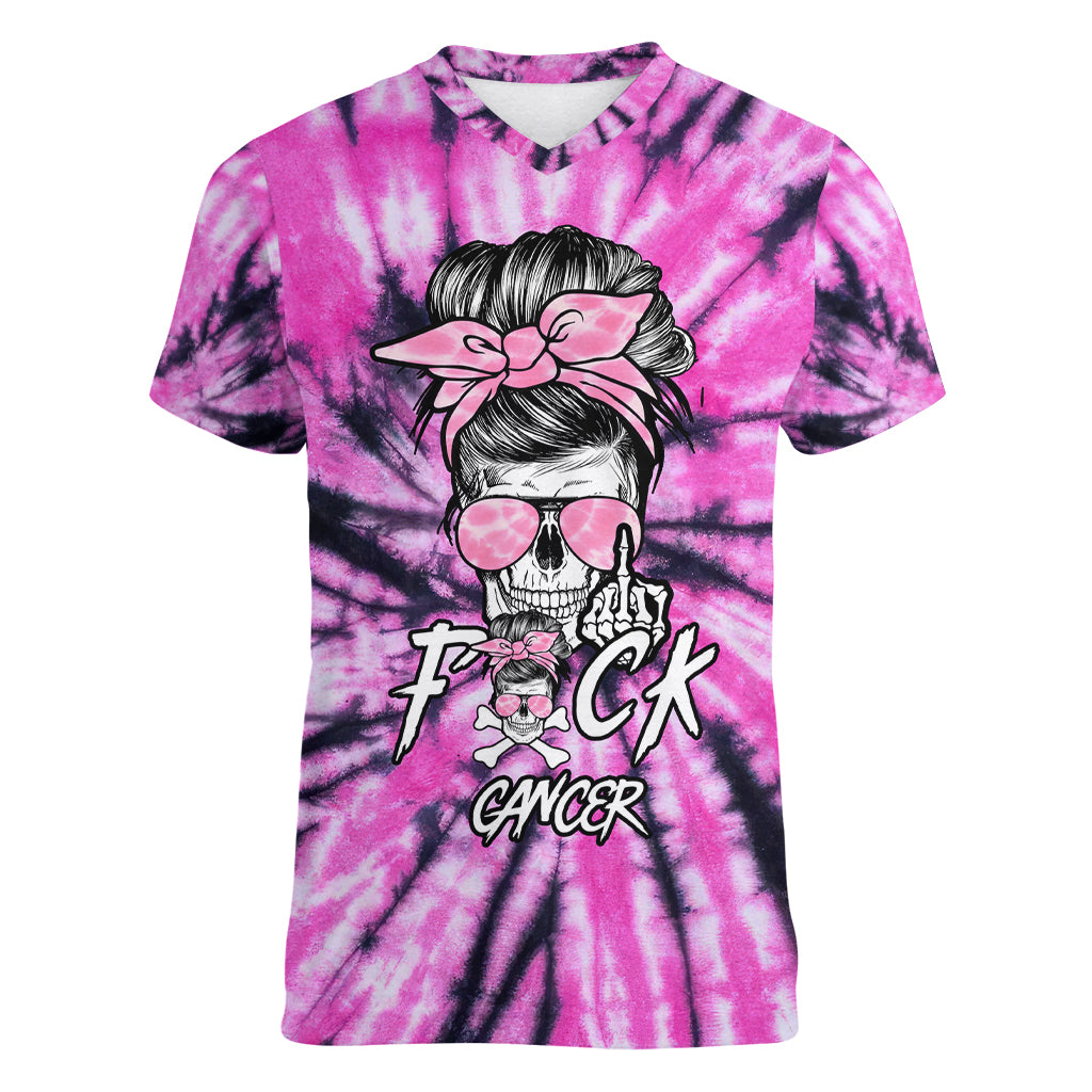 Fcks Cancer Skull Tie Dye Women V Neck T Shirt - Wonder Print Shop