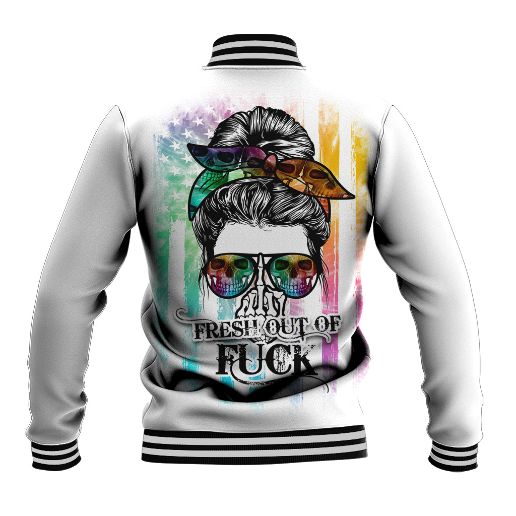 Fresh Out Of Fcks Messy Bun Tie Dye Baseball Jacket - Wonder Print Shop