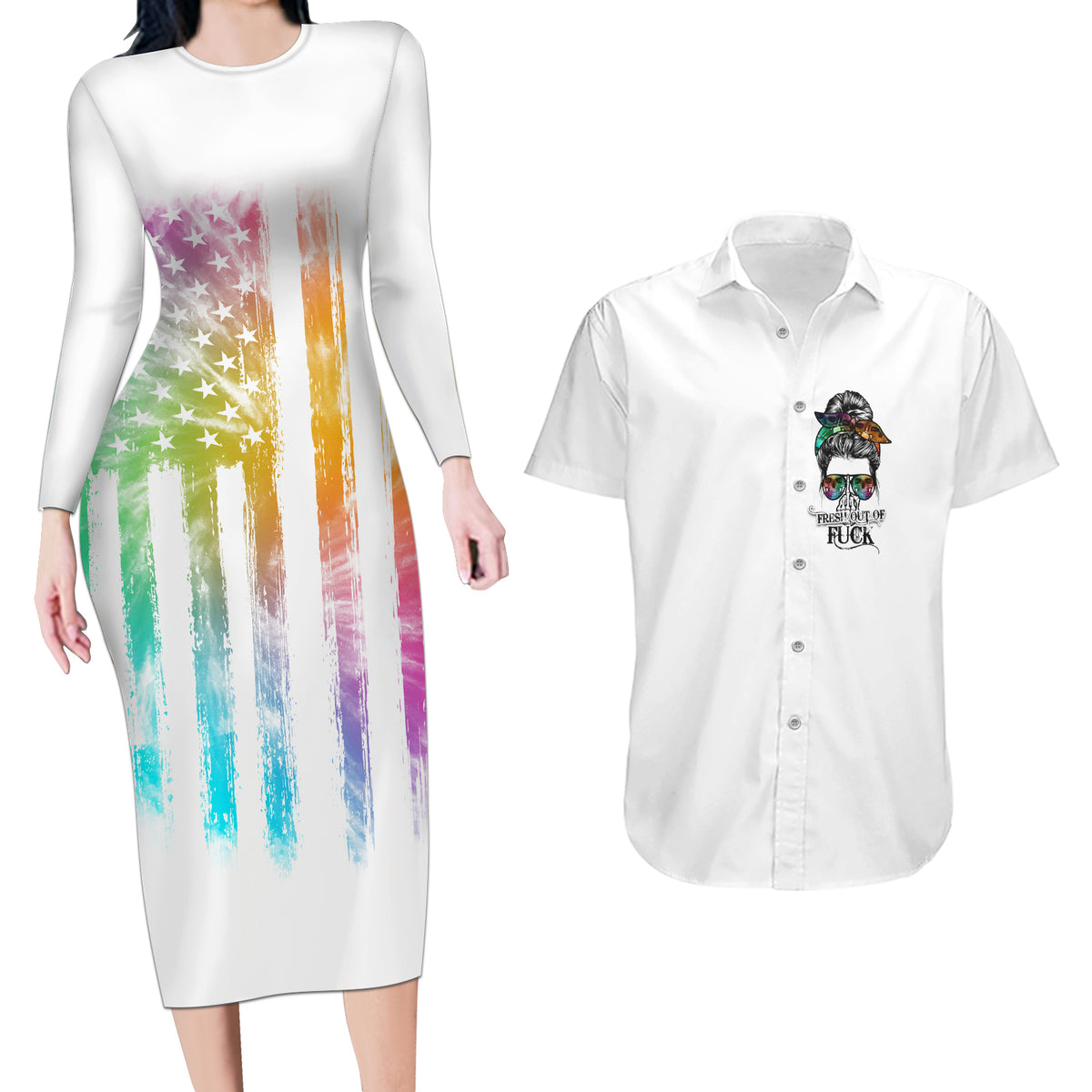 Fresh Out Of Fcks Messy Bun Tie Dye Couples Matching Long Sleeve Bodycon Dress and Hawaiian Shirt - Wonder Print Shop