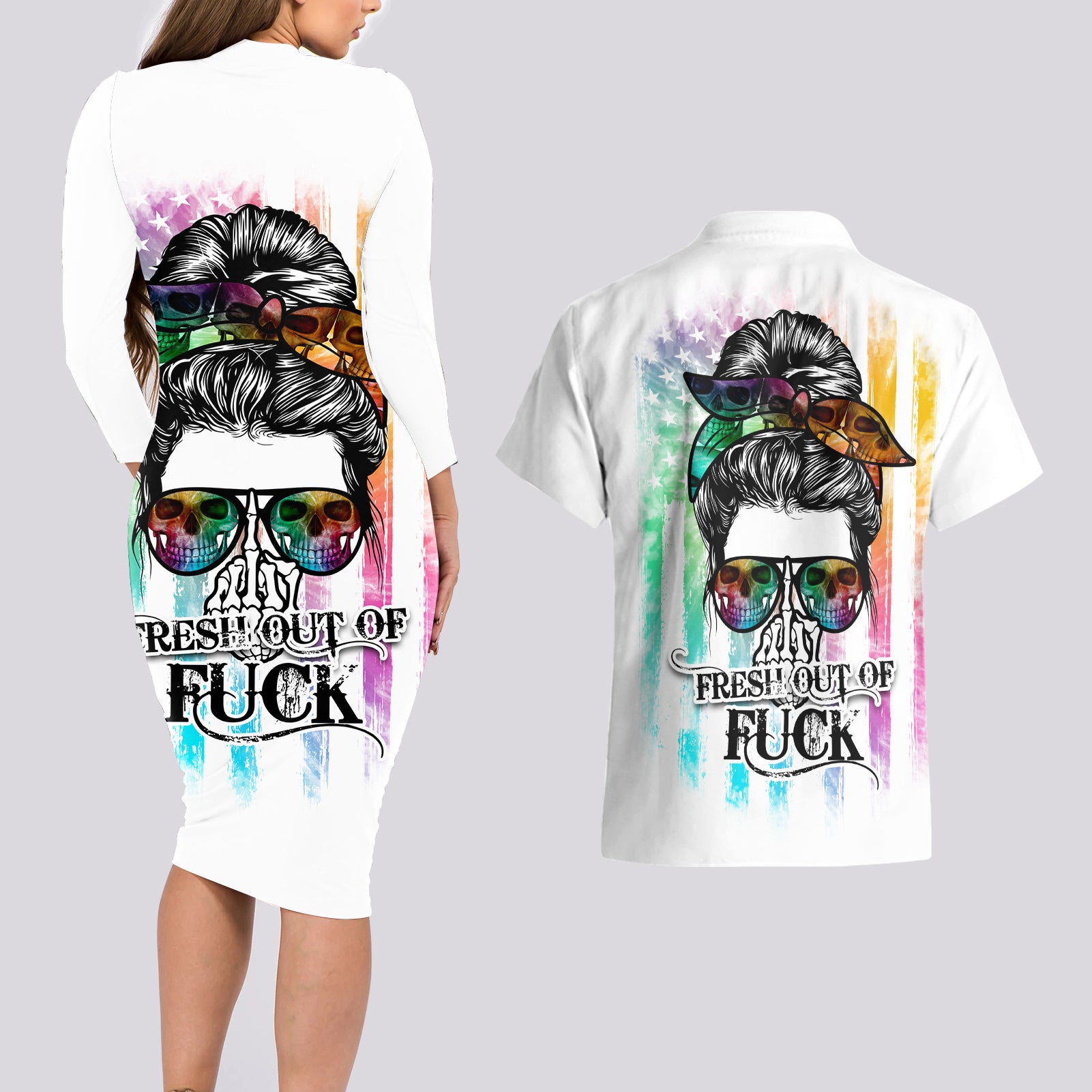 Fresh Out Of Fcks Messy Bun Tie Dye Couples Matching Long Sleeve Bodycon Dress and Hawaiian Shirt - Wonder Print Shop