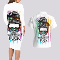 Fresh Out Of Fcks Messy Bun Tie Dye Couples Matching Long Sleeve Bodycon Dress and Hawaiian Shirt - Wonder Print Shop
