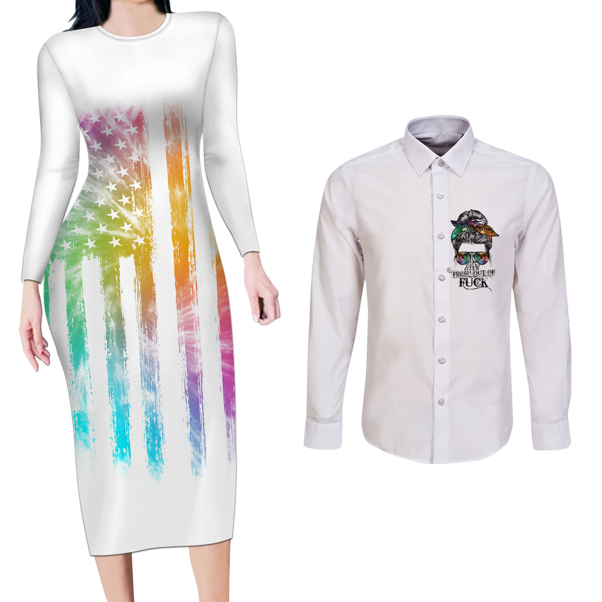 Fresh Out Of Fcks Messy Bun Tie Dye Couples Matching Long Sleeve Bodycon Dress and Long Sleeve Button Shirt - Wonder Print Shop