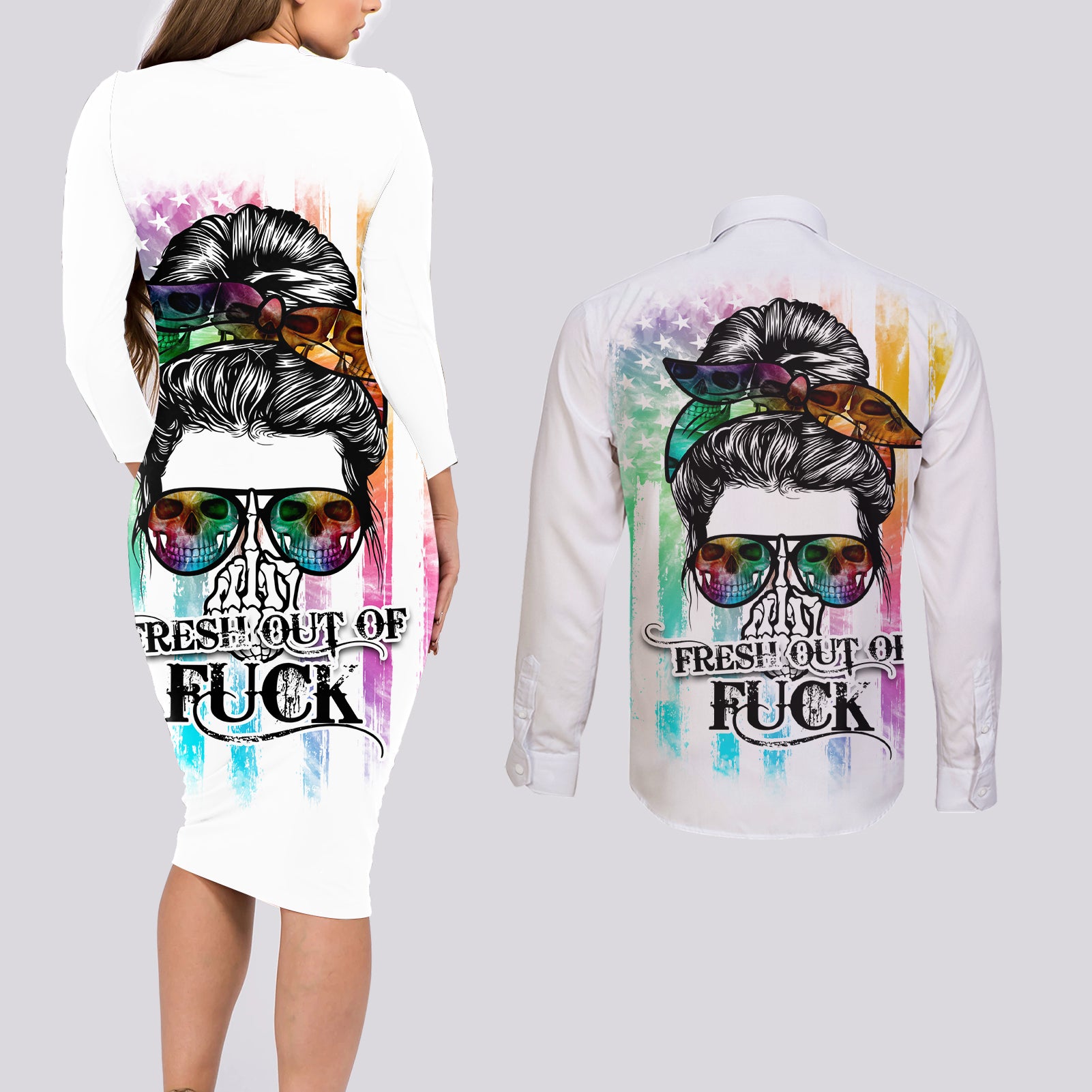 Fresh Out Of Fcks Messy Bun Tie Dye Couples Matching Long Sleeve Bodycon Dress and Long Sleeve Button Shirt - Wonder Print Shop