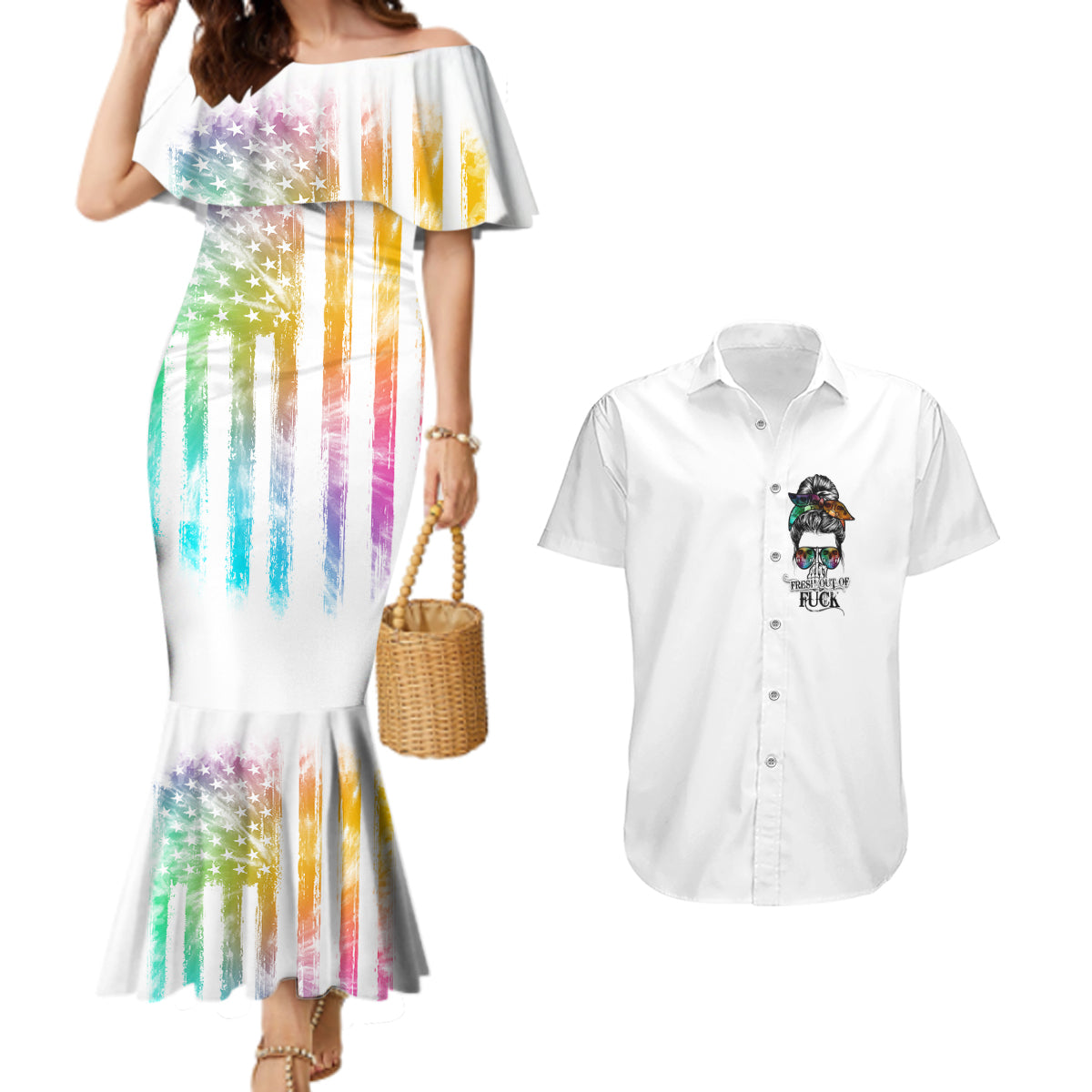 Fresh Out Of Fcks Messy Bun Tie Dye Couples Matching Mermaid Dress and Hawaiian Shirt - Wonder Print Shop