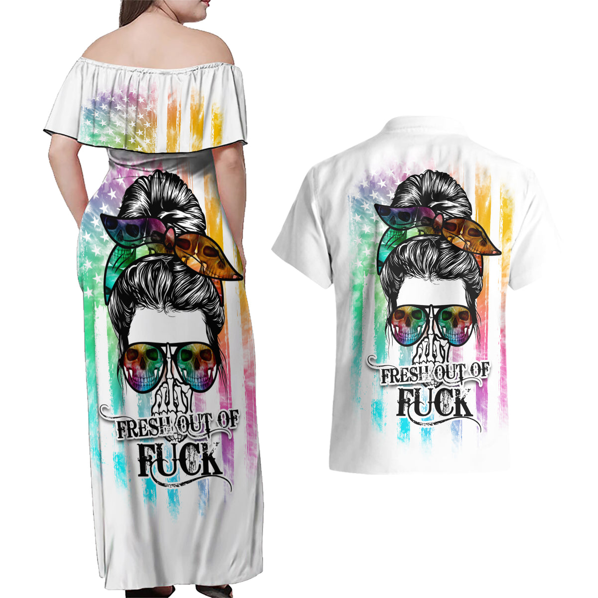 Fresh Out Of Fcks Messy Bun Tie Dye Couples Matching Off Shoulder Maxi Dress and Hawaiian Shirt - Wonder Print Shop