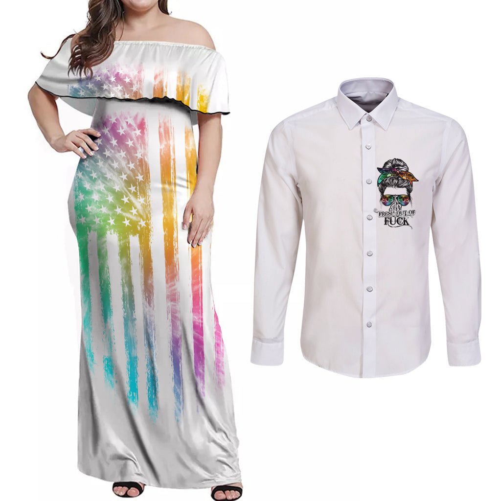 Fresh Out Of Fcks Messy Bun Tie Dye Couples Matching Off Shoulder Maxi Dress and Long Sleeve Button Shirt - Wonder Print Shop