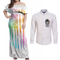 Fresh Out Of Fcks Messy Bun Tie Dye Couples Matching Off Shoulder Maxi Dress and Long Sleeve Button Shirt - Wonder Print Shop