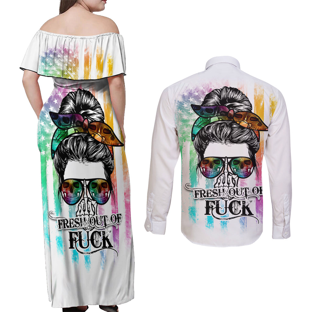 Fresh Out Of Fcks Messy Bun Tie Dye Couples Matching Off Shoulder Maxi Dress and Long Sleeve Button Shirt - Wonder Print Shop