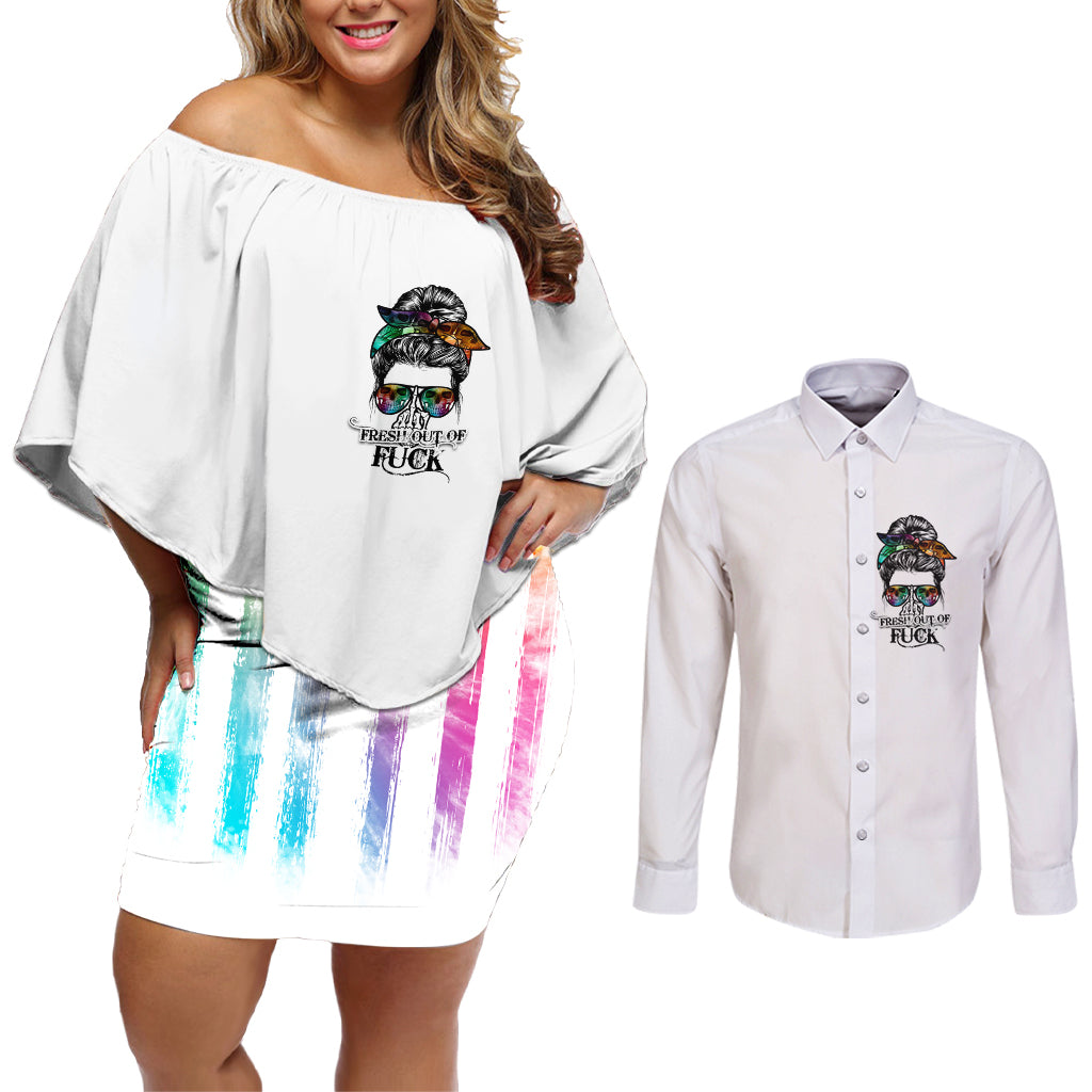 Fresh Out Of Fcks Messy Bun Tie Dye Couples Matching Off Shoulder Short Dress and Long Sleeve Button Shirt - Wonder Print Shop