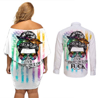 Fresh Out Of Fcks Messy Bun Tie Dye Couples Matching Off Shoulder Short Dress and Long Sleeve Button Shirt - Wonder Print Shop