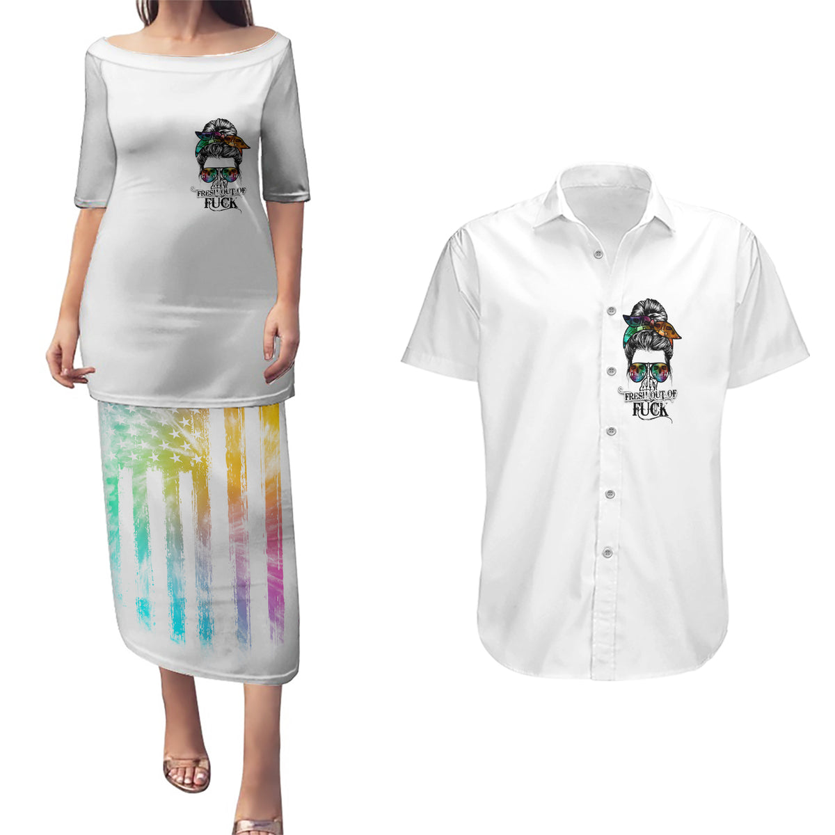 Fresh Out Of Fcks Messy Bun Tie Dye Couples Matching Puletasi Dress and Hawaiian Shirt - Wonder Print Shop