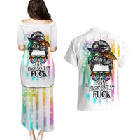 Fresh Out Of Fcks Messy Bun Tie Dye Couples Matching Puletasi Dress and Hawaiian Shirt - Wonder Print Shop