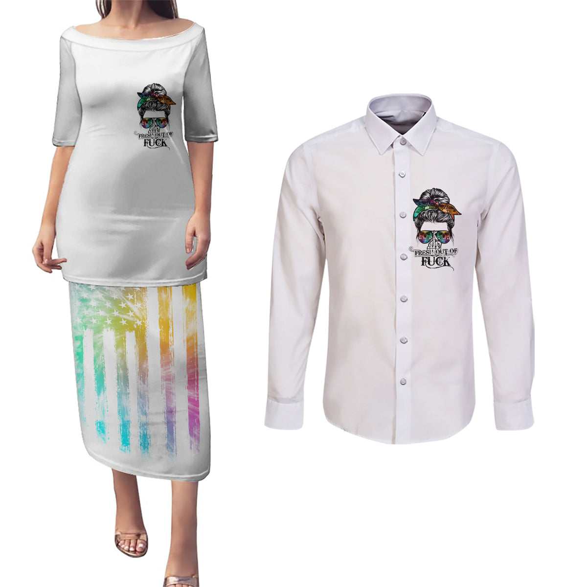 Fresh Out Of Fcks Messy Bun Tie Dye Couples Matching Puletasi Dress and Long Sleeve Button Shirt - Wonder Print Shop