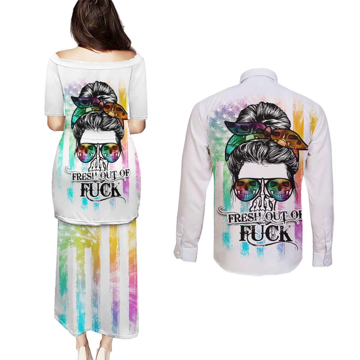 Fresh Out Of Fcks Messy Bun Tie Dye Couples Matching Puletasi Dress and Long Sleeve Button Shirt - Wonder Print Shop