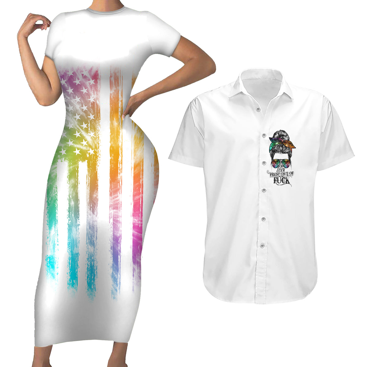 Fresh Out Of Fcks Messy Bun Tie Dye Couples Matching Short Sleeve Bodycon Dress and Hawaiian Shirt - Wonder Print Shop
