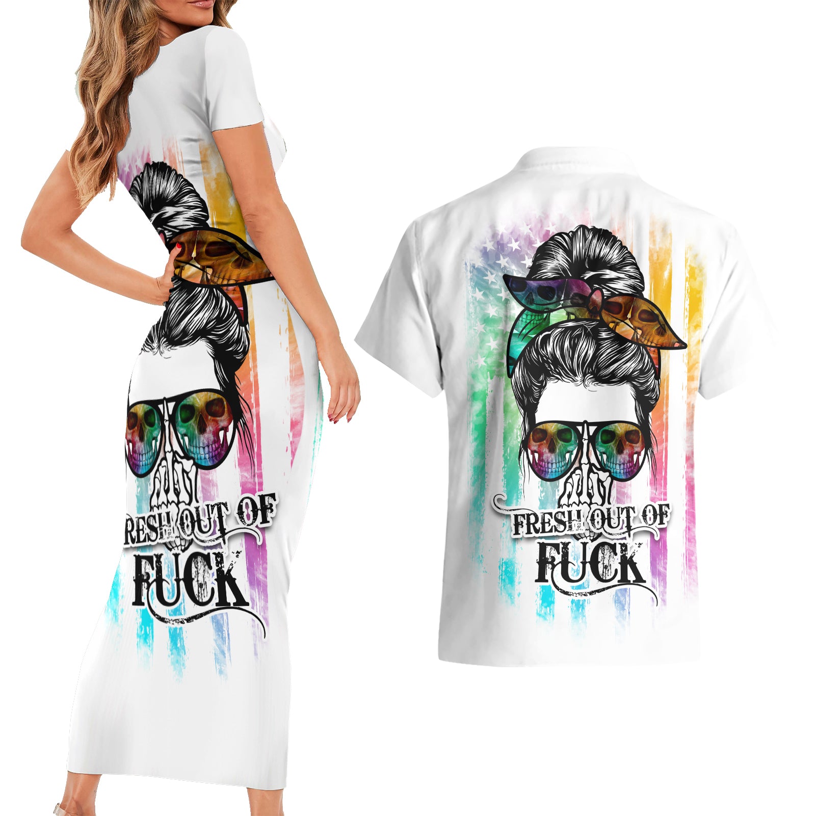 Fresh Out Of Fcks Messy Bun Tie Dye Couples Matching Short Sleeve Bodycon Dress and Hawaiian Shirt - Wonder Print Shop