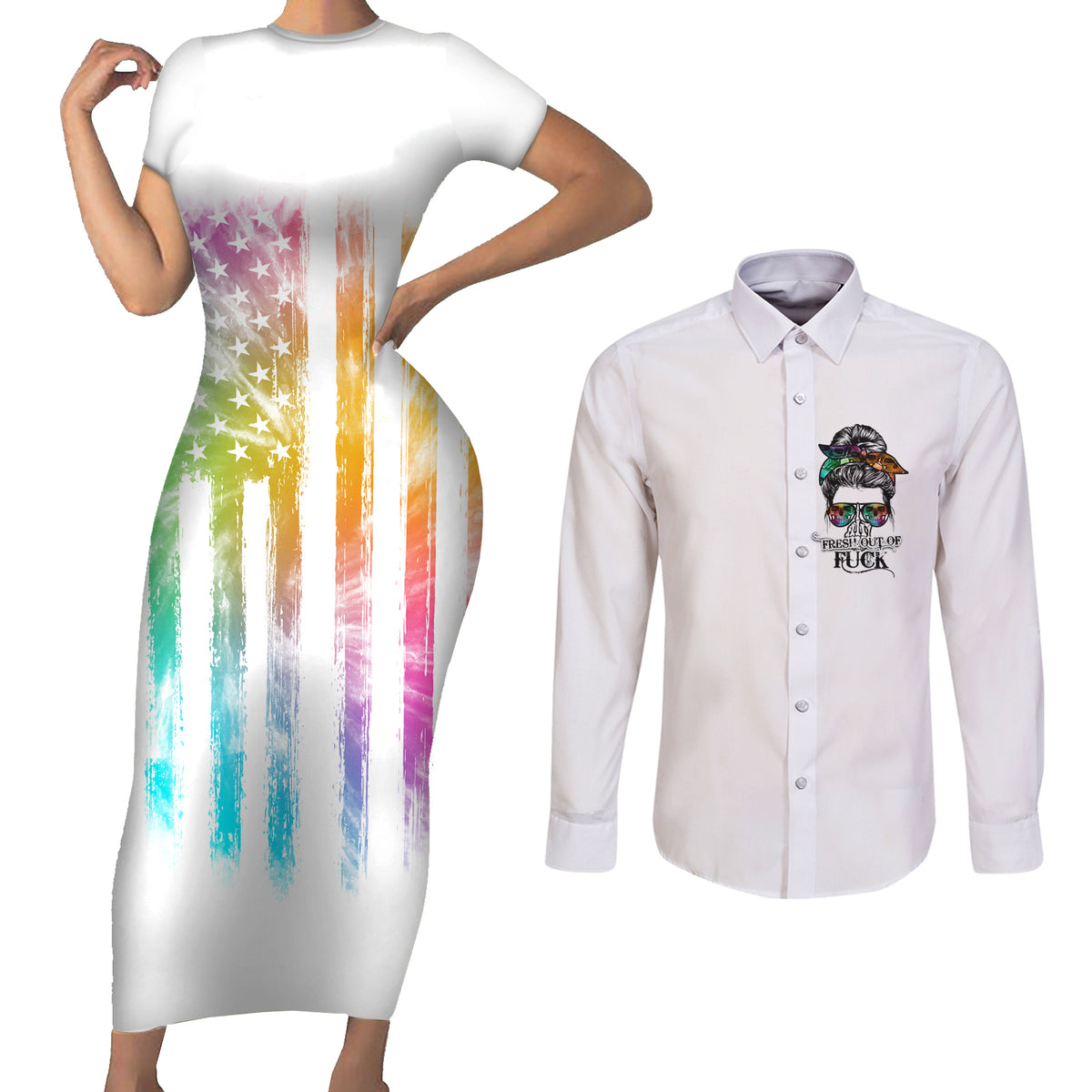 Fresh Out Of Fcks Messy Bun Tie Dye Couples Matching Short Sleeve Bodycon Dress and Long Sleeve Button Shirt - Wonder Print Shop