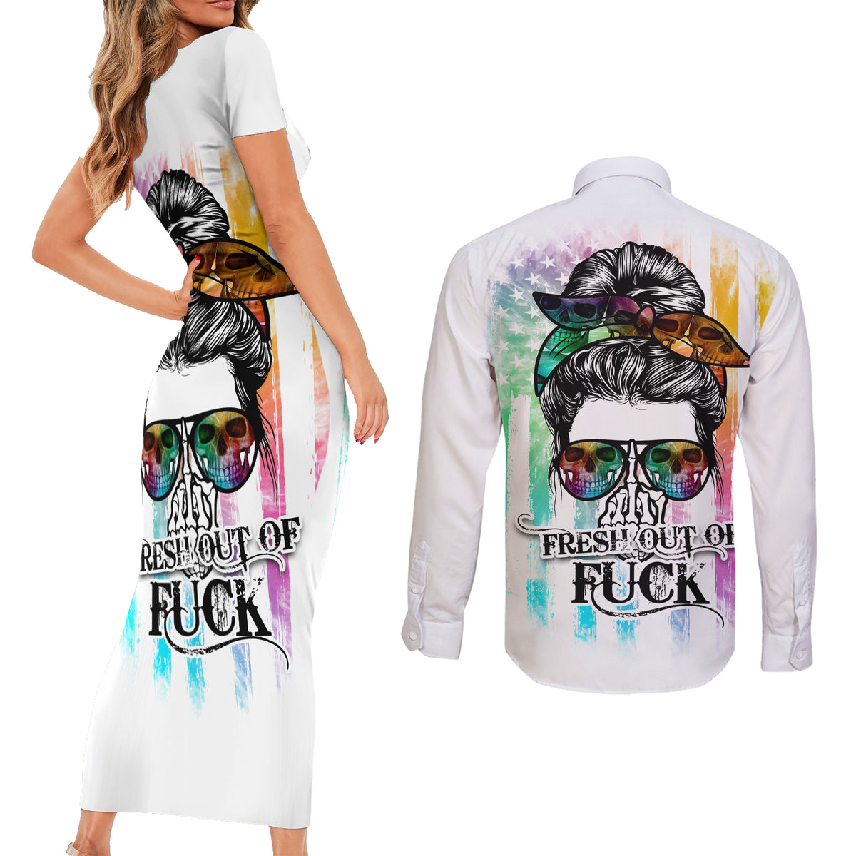 Fresh Out Of Fcks Messy Bun Tie Dye Couples Matching Short Sleeve Bodycon Dress and Long Sleeve Button Shirt - Wonder Print Shop