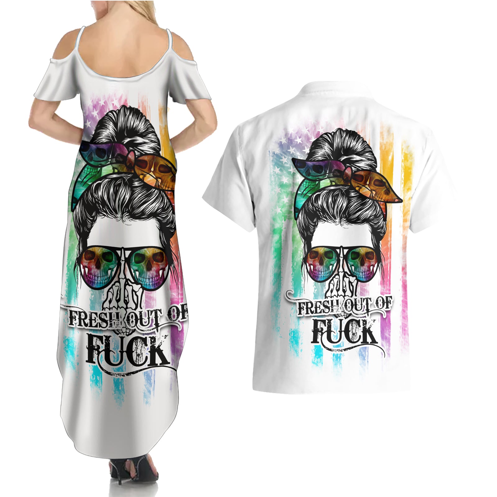 Fresh Out Of Fcks Messy Bun Tie Dye Couples Matching Summer Maxi Dress and Hawaiian Shirt - Wonder Print Shop