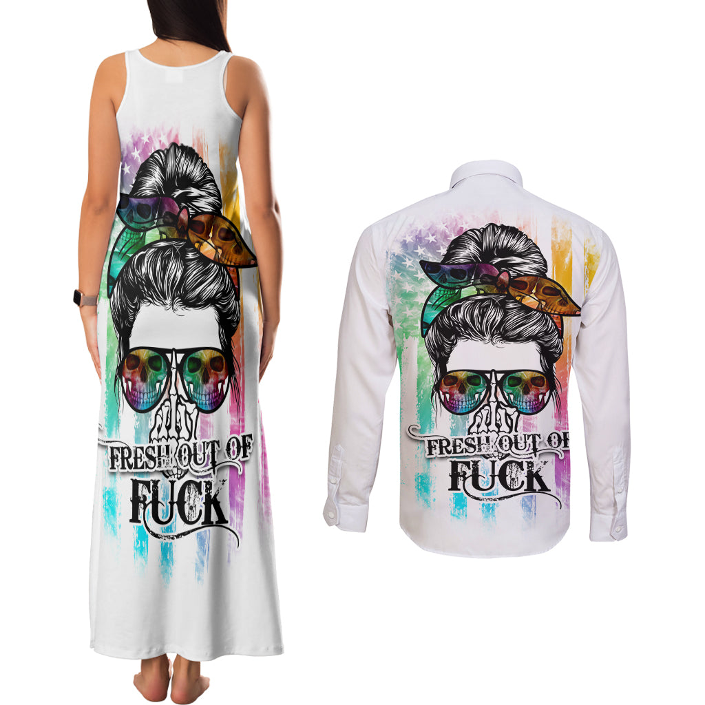 Fresh Out Of Fcks Messy Bun Tie Dye Couples Matching Tank Maxi Dress and Long Sleeve Button Shirt - Wonder Print Shop