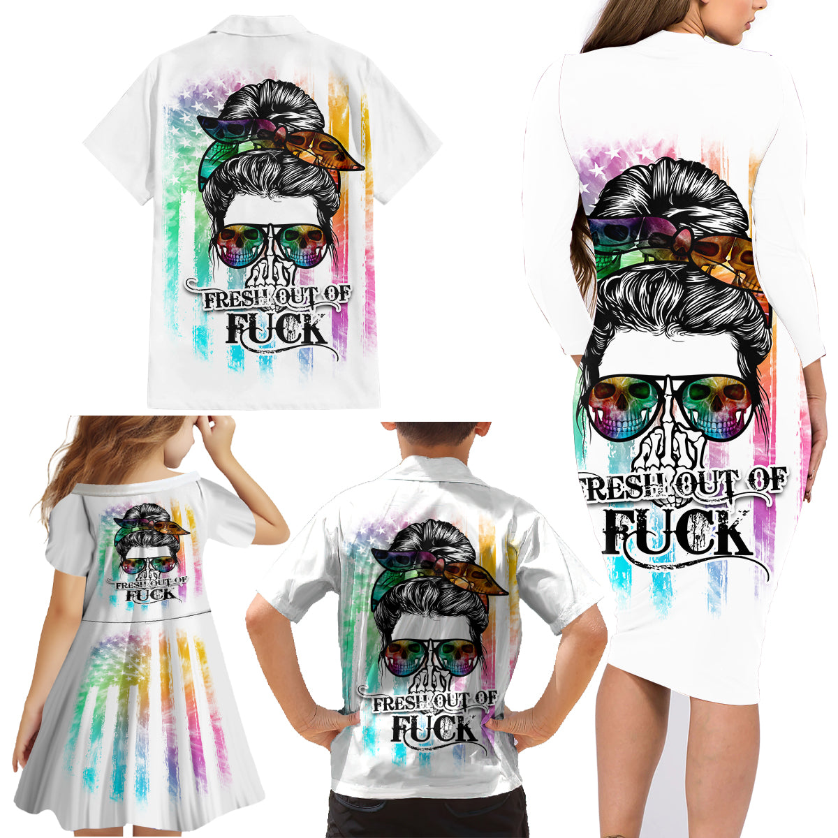 Fresh Out Of Fcks Messy Bun Tie Dye Family Matching Long Sleeve Bodycon Dress and Hawaiian Shirt - Wonder Print Shop