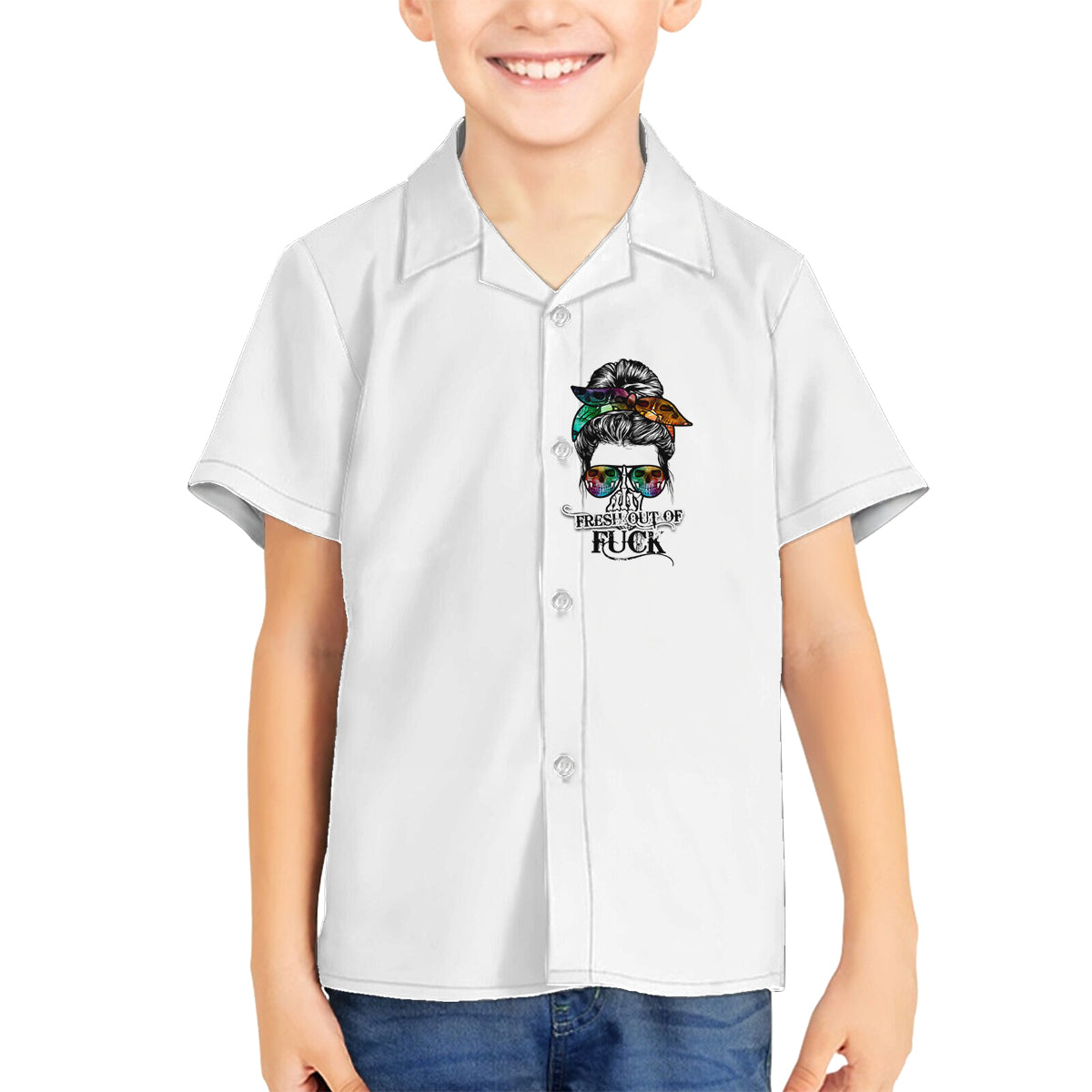 Fresh Out Of Fcks Messy Bun Tie Dye Family Matching Off Shoulder Long Sleeve Dress and Hawaiian Shirt - Wonder Print Shop