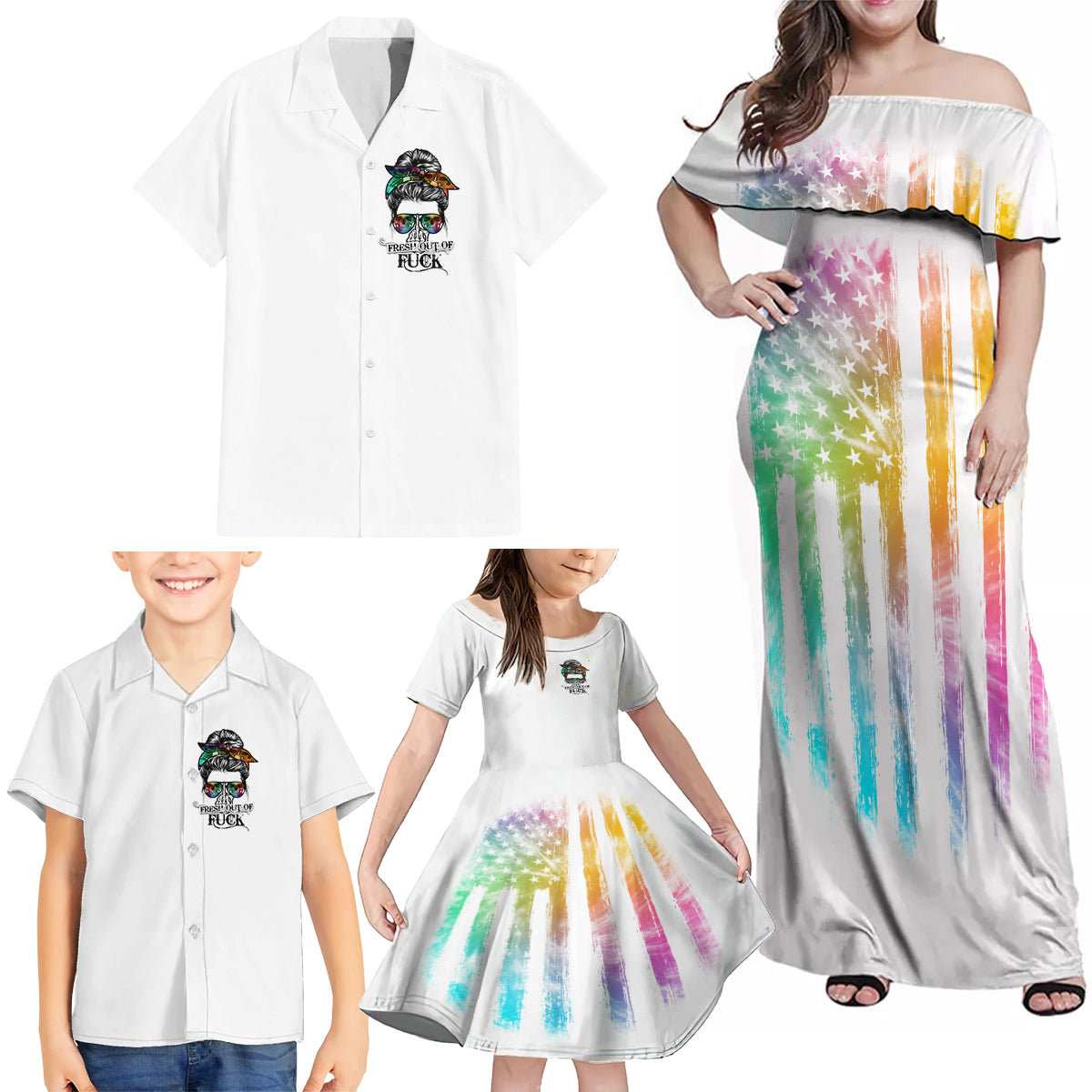 Fresh Out Of Fcks Messy Bun Tie Dye Family Matching Off Shoulder Maxi Dress and Hawaiian Shirt - Wonder Print Shop